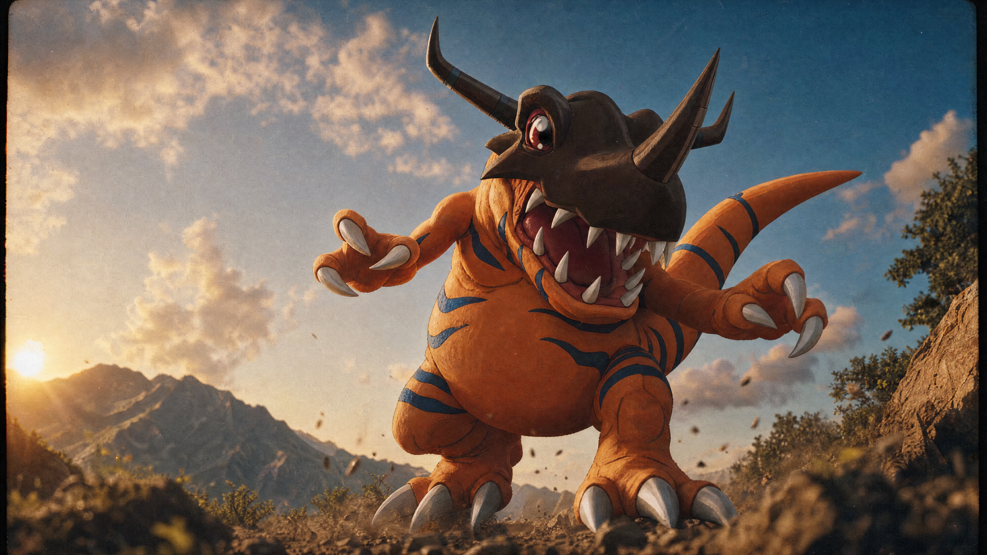Greymon (Digimon) charging across sunlit rocky terrain under dramatic clouds, roaring toward the viewer — 4K Ultra HD PC Desktop Wallpaper and Background.