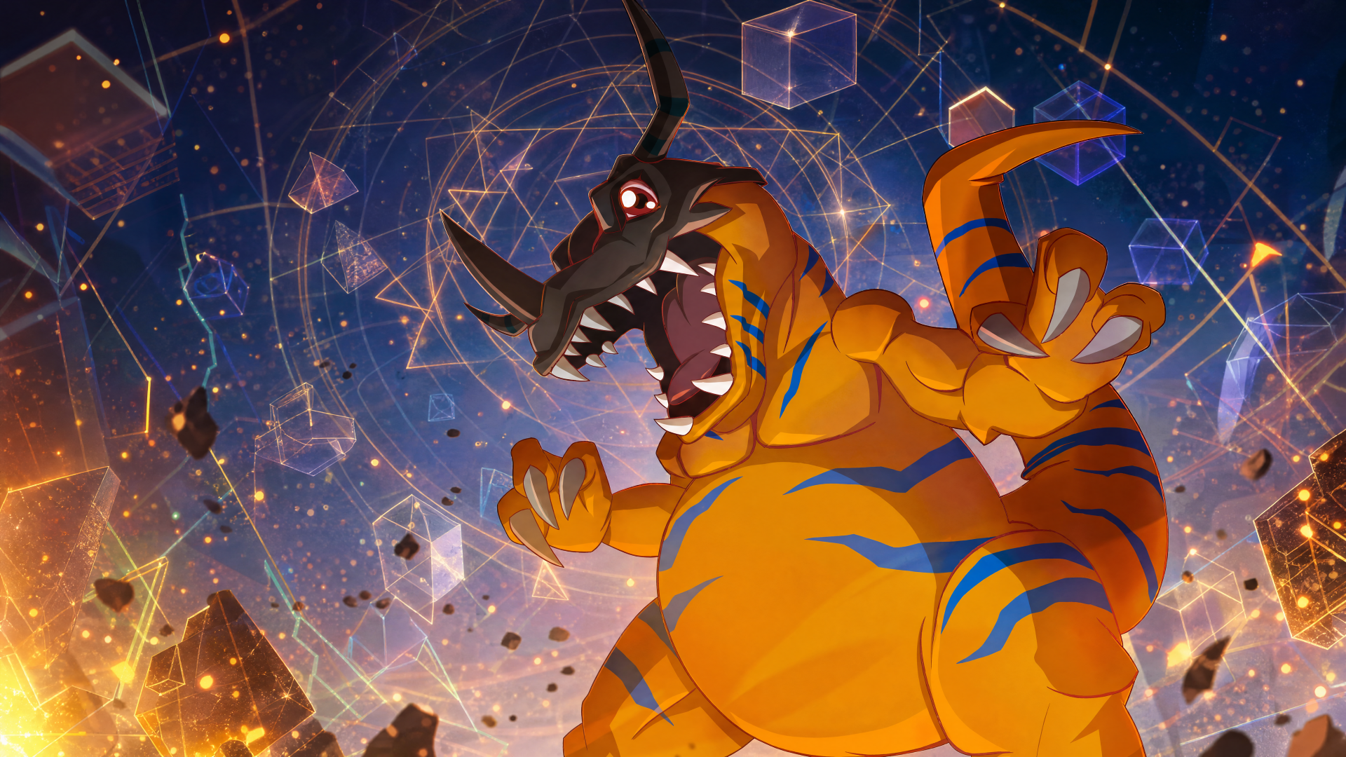 Greymon (Digimon) roaring amid a cosmic geometric sky — dynamic, fiery 4K Ultra HD PC desktop wallpaper and background with glowing constellations and energy sparks.
