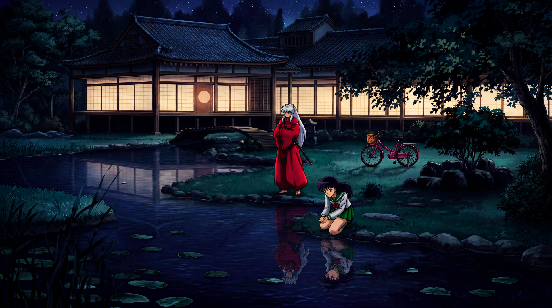 5K Ultra HD anime PC wallpaper: InuYasha and Kagome Higurashi at a moonlit pond in a feudal Japan village, lit traditional house and bicycle reflected in the water.