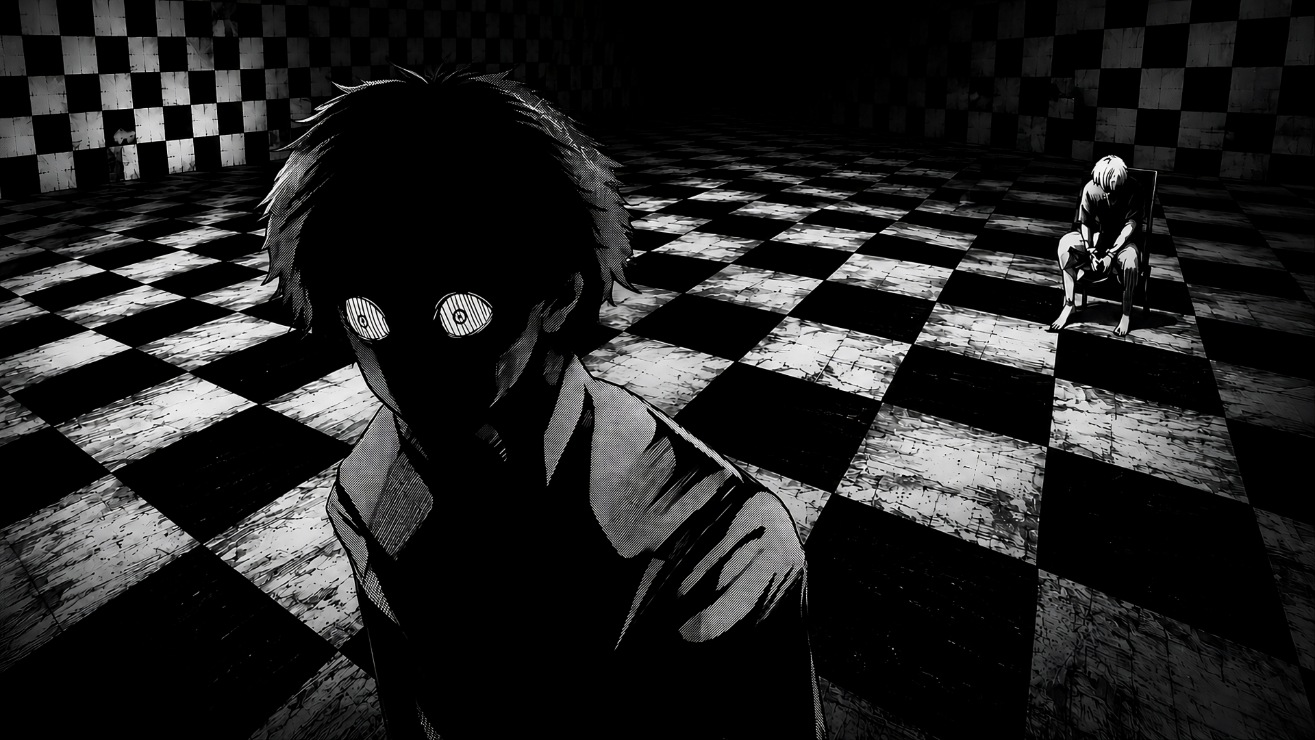 Tokyo Ghoul:re 2K Quad HD PC desktop wallpaper/background — stark black-and-white checkerboard room with a shadowed figure with glowing eyes in the foreground and a small seated figure in the distance.