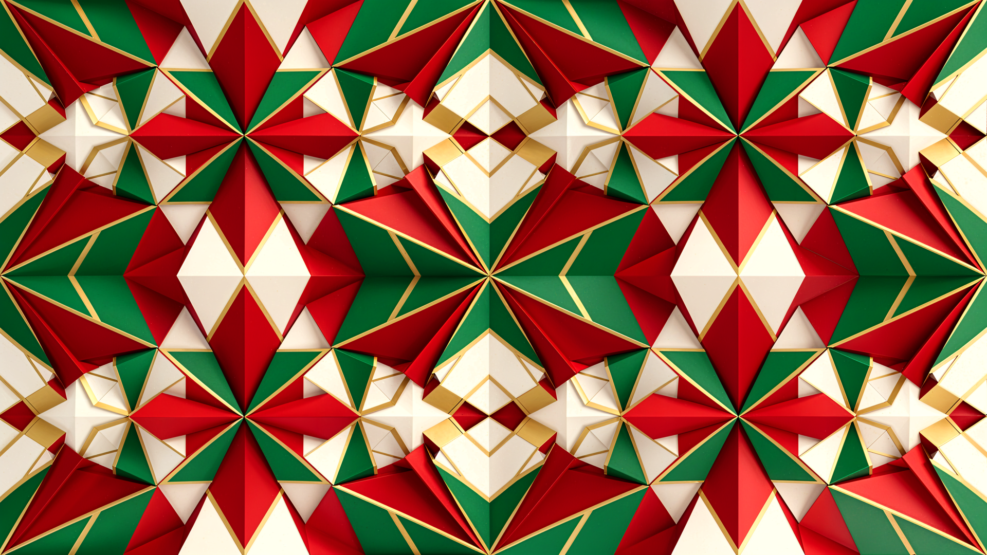 4K Ultra HD PC desktop wallpaper and background: geometric festive pattern of red, green and gold star-like shapes forming a kaleidoscopic holiday motif.