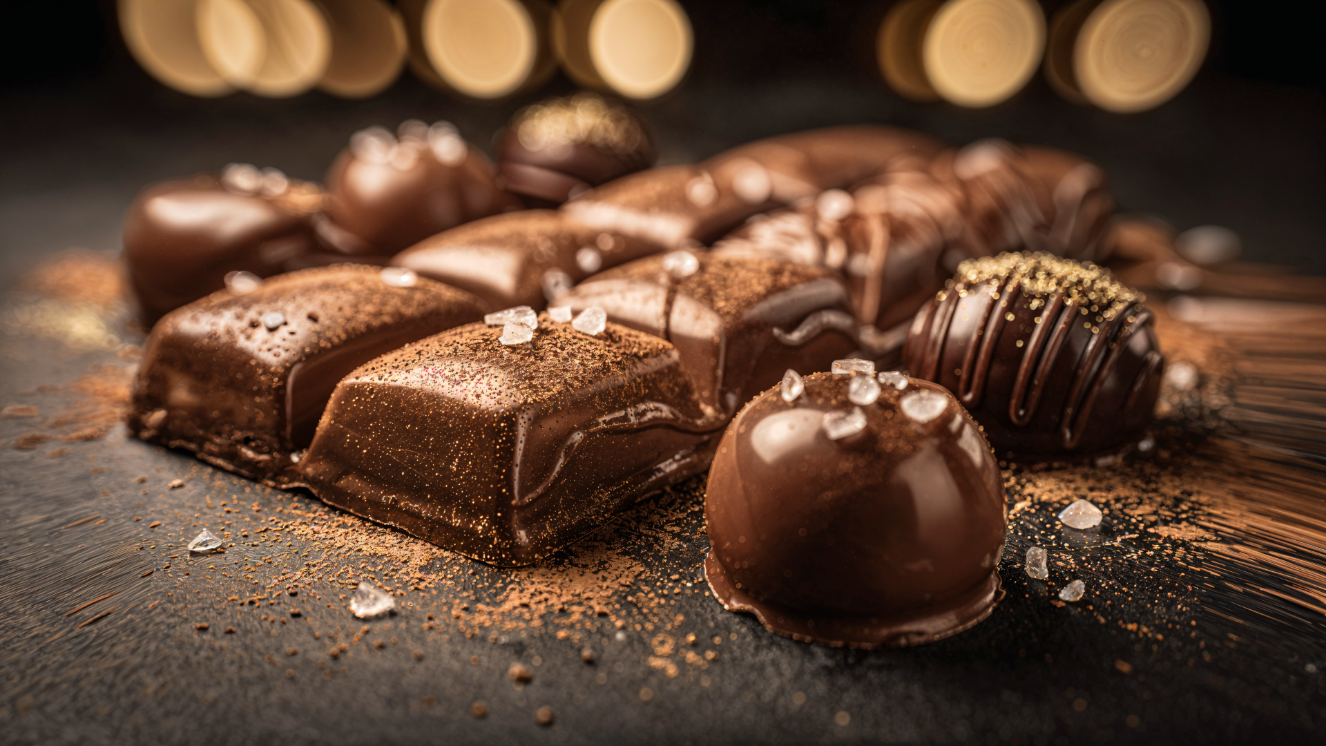 Close-up of artisanal chocolates sprinkled with sea salt and drizzled ganache on a dark surface — 4K Ultra HD PC desktop wallpaper background.