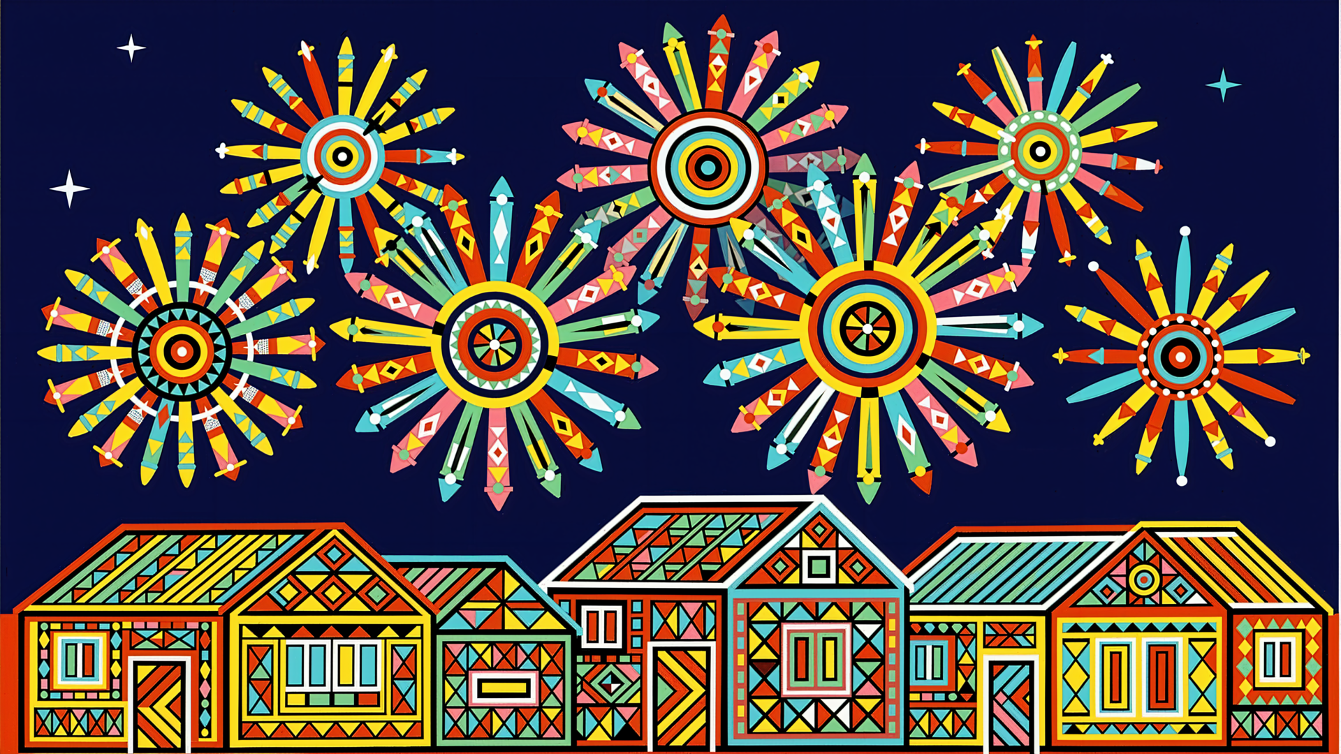 Colorful new year fireworks burst over a row of patterned geometric houses against a deep navy sky — vibrant 4K Ultra HD PC desktop wallpaper and background.