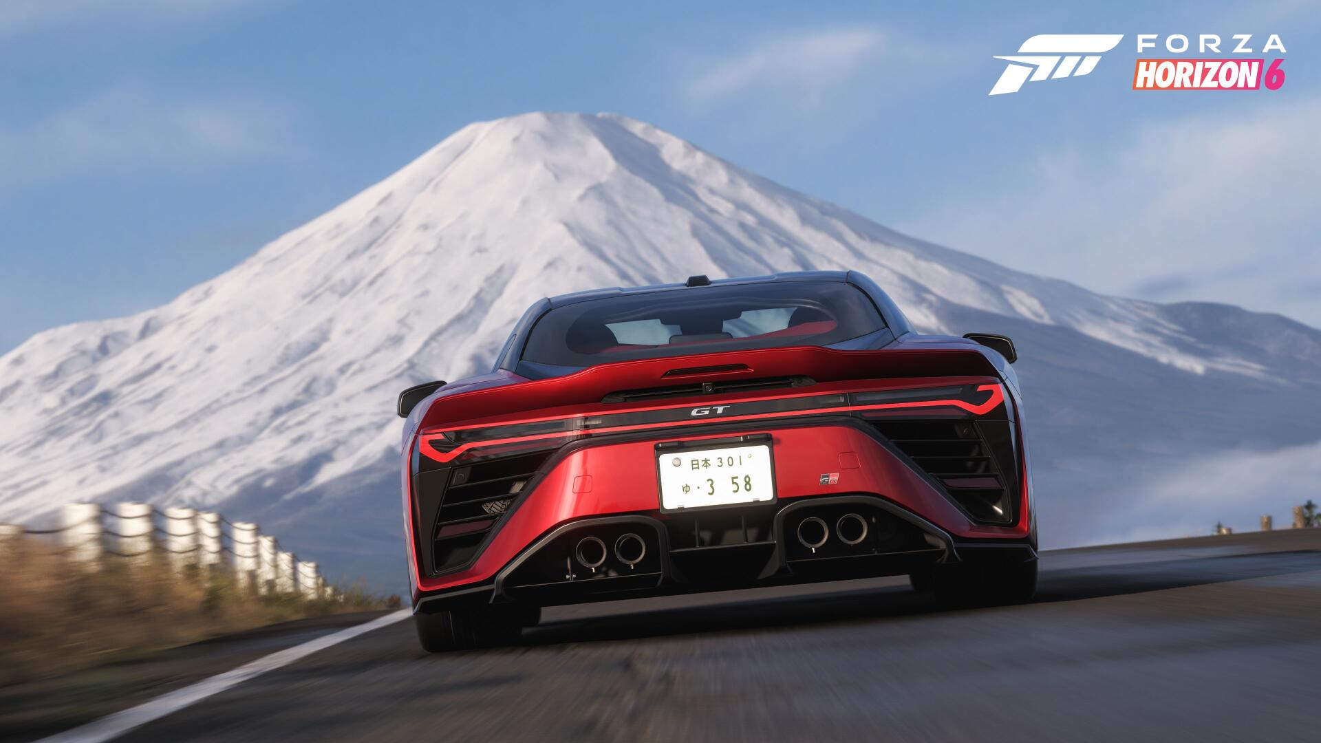 4K Ultra HD PC desktop wallpaper: rear view of a red supercar racing toward a snow-capped mountain in Forza Horizon 6 video game.