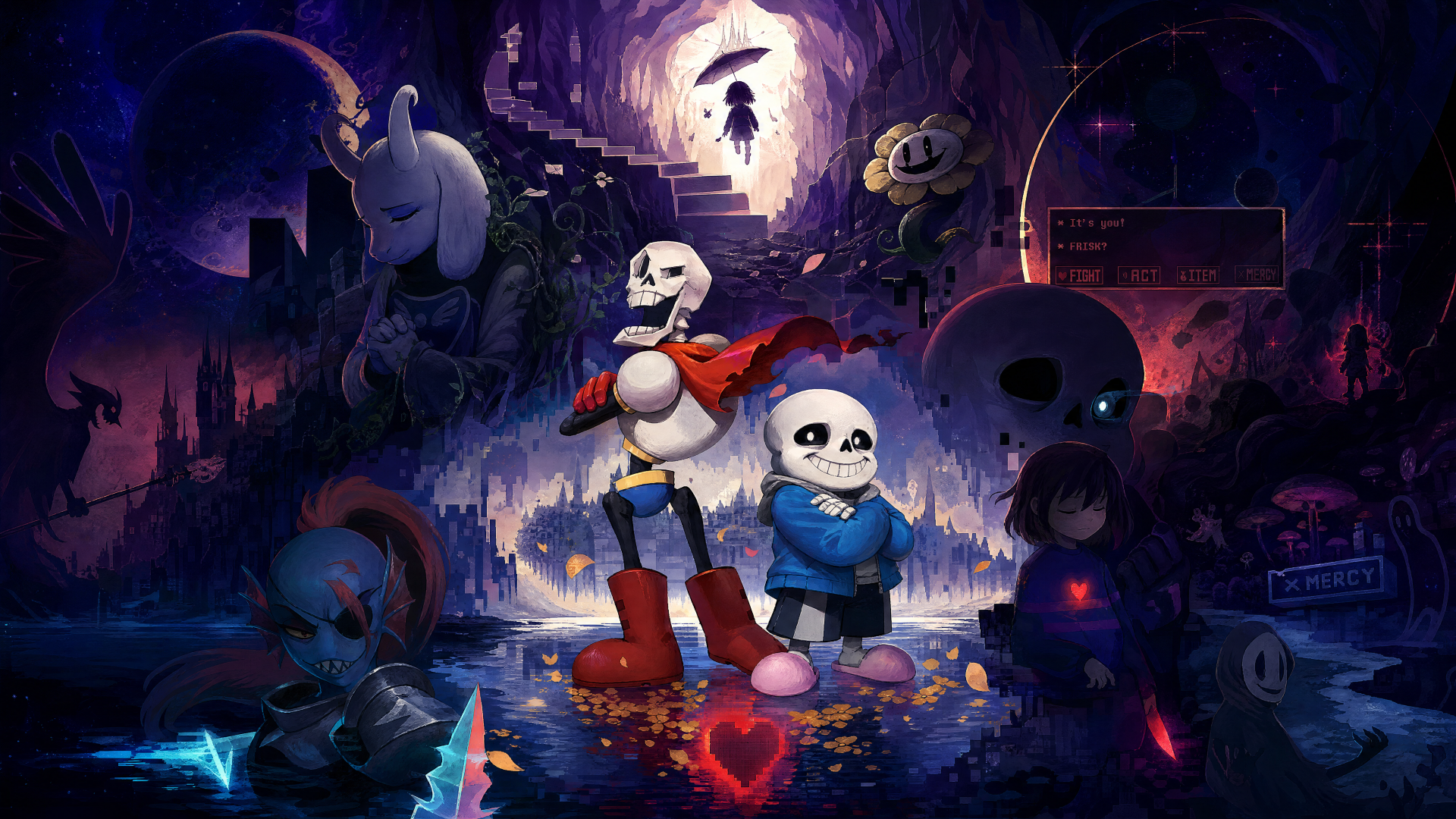 Undertale 4K Ultra HD PC desktop wallpaper: Sans and Papyrus stand in a glowing cavern, surrounded by other characters, a red heart soul and moody purple-blue background.