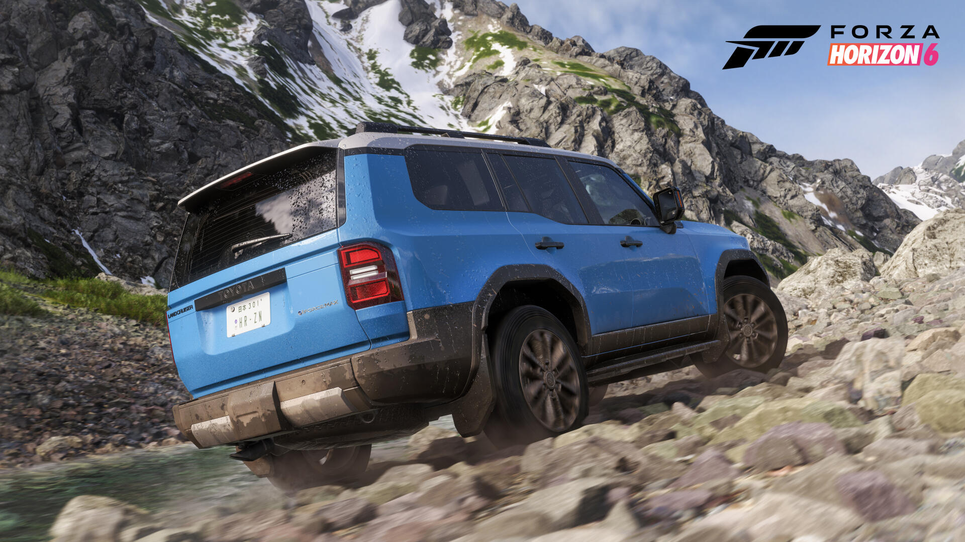 4K Ultra HD PC desktop wallpaper: blue off-road SUV climbing a rocky alpine trail in Forza Horizon 6 video game, Forza Horizon logo in the top corner.