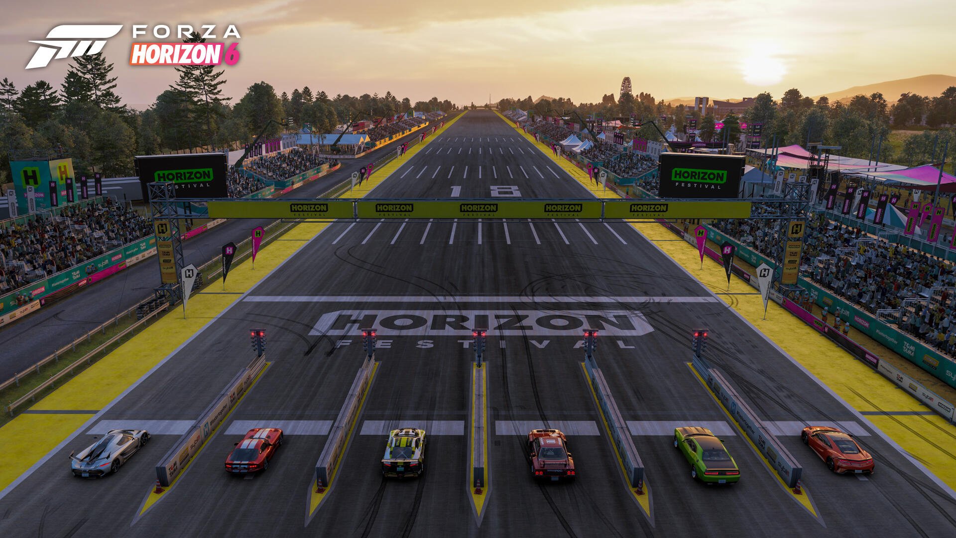 Forza Horizon 6 (video game) 4K Ultra HD PC desktop wallpaper — sunset race start with six sports cars on the Horizon grid, festival crowds and banners lining the track.