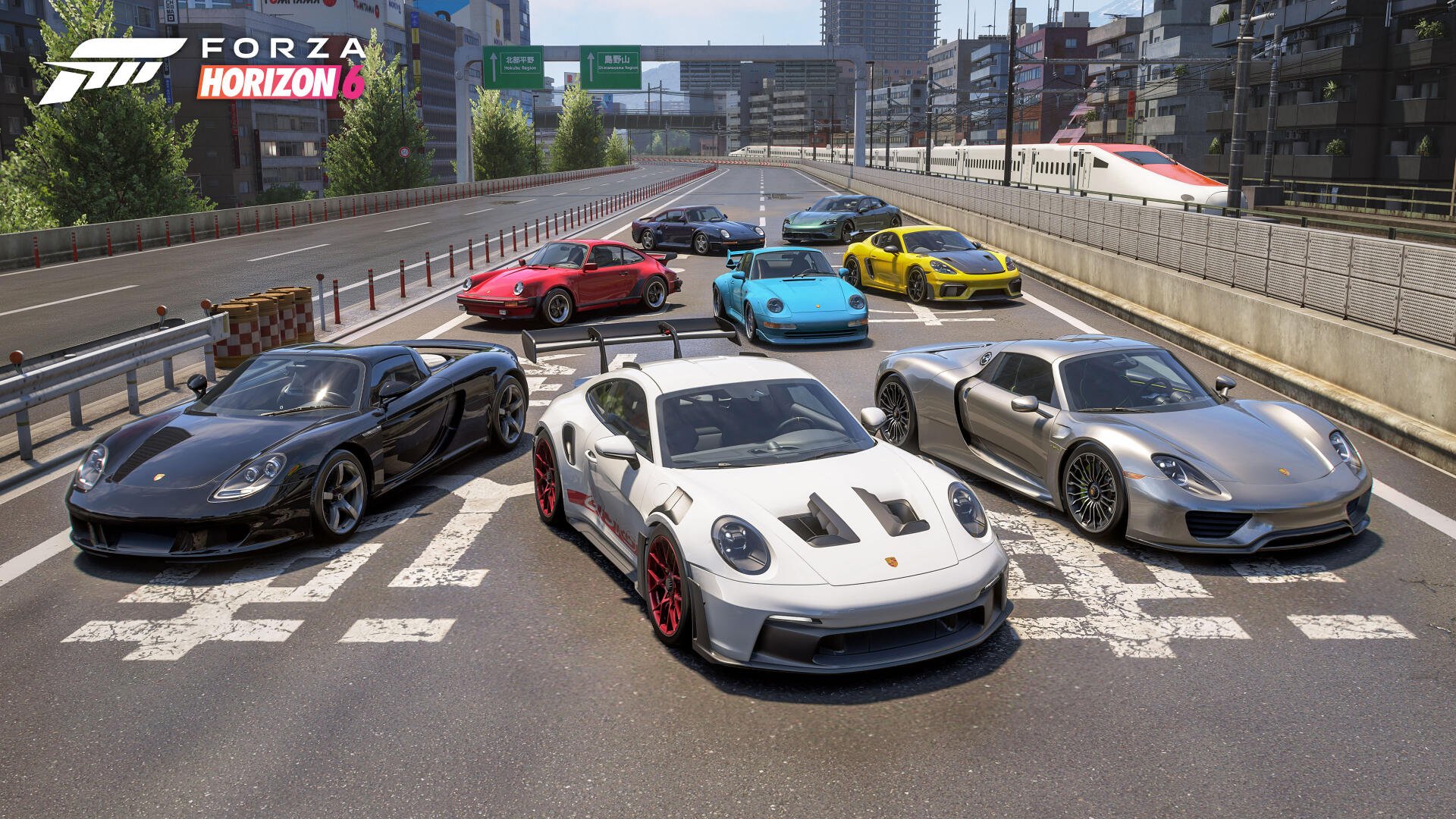 Forza Horizon 6 video game 4K Ultra HD PC desktop wallpaper and background: lineup of sports cars on an urban highway with city skyline and race markings.