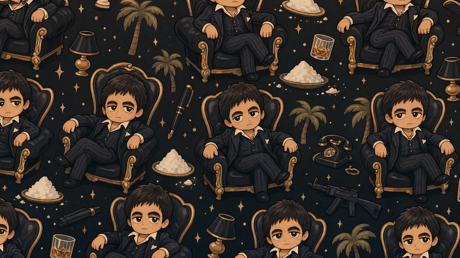 Scarface 4K Ultra HD PC desktop wallpaper: repeating chibi mob boss in a suit on armchairs amid piles of white powder, guns, palm trees, whiskey and gold on a dark starry background.
