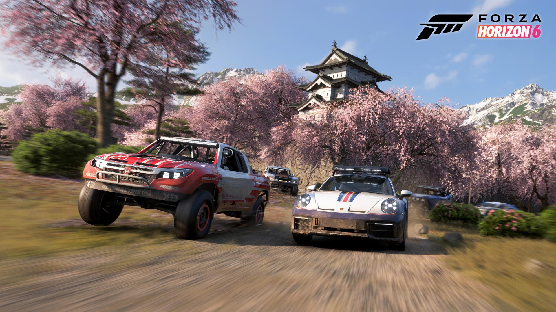Forza Horizon 6 video game 4K Ultra HD PC desktop wallpaper: rally truck and sports car racing on a dirt road past cherry blossoms with a Japanese castle and blue sky.