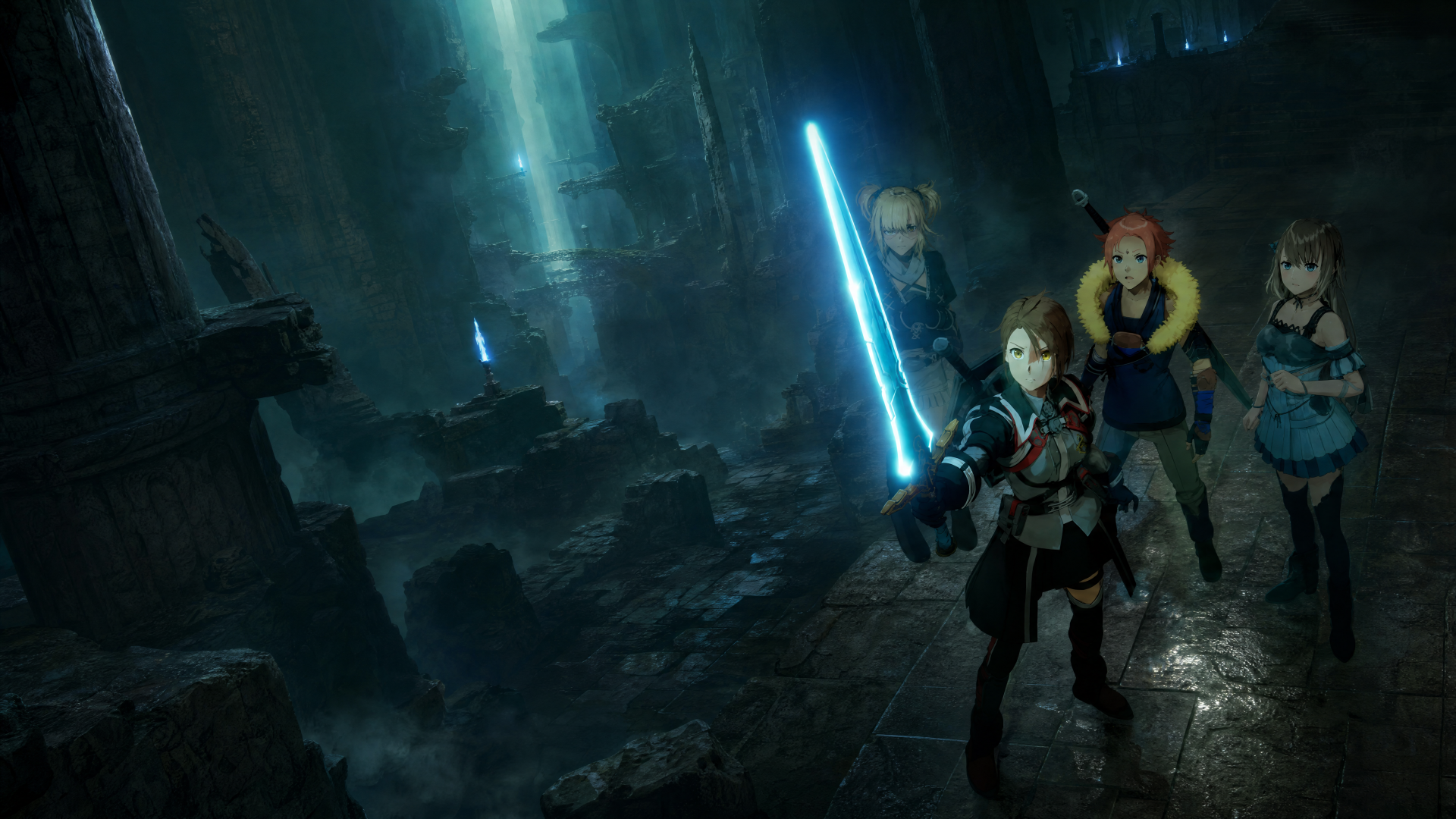 Echoes of Aincrad 4K Ultra HD PC desktop wallpaper: four adventurers, one wielding a glowing blue sword, traverse a misty, cavernous ruin lit by towering shafts of light.