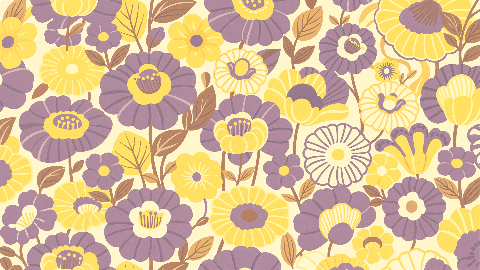 Retro floral pattern in muted yellow, lavender and brown, densely tiled blooms and leaves — 4K Ultra HD PC desktop wallpaper/background.