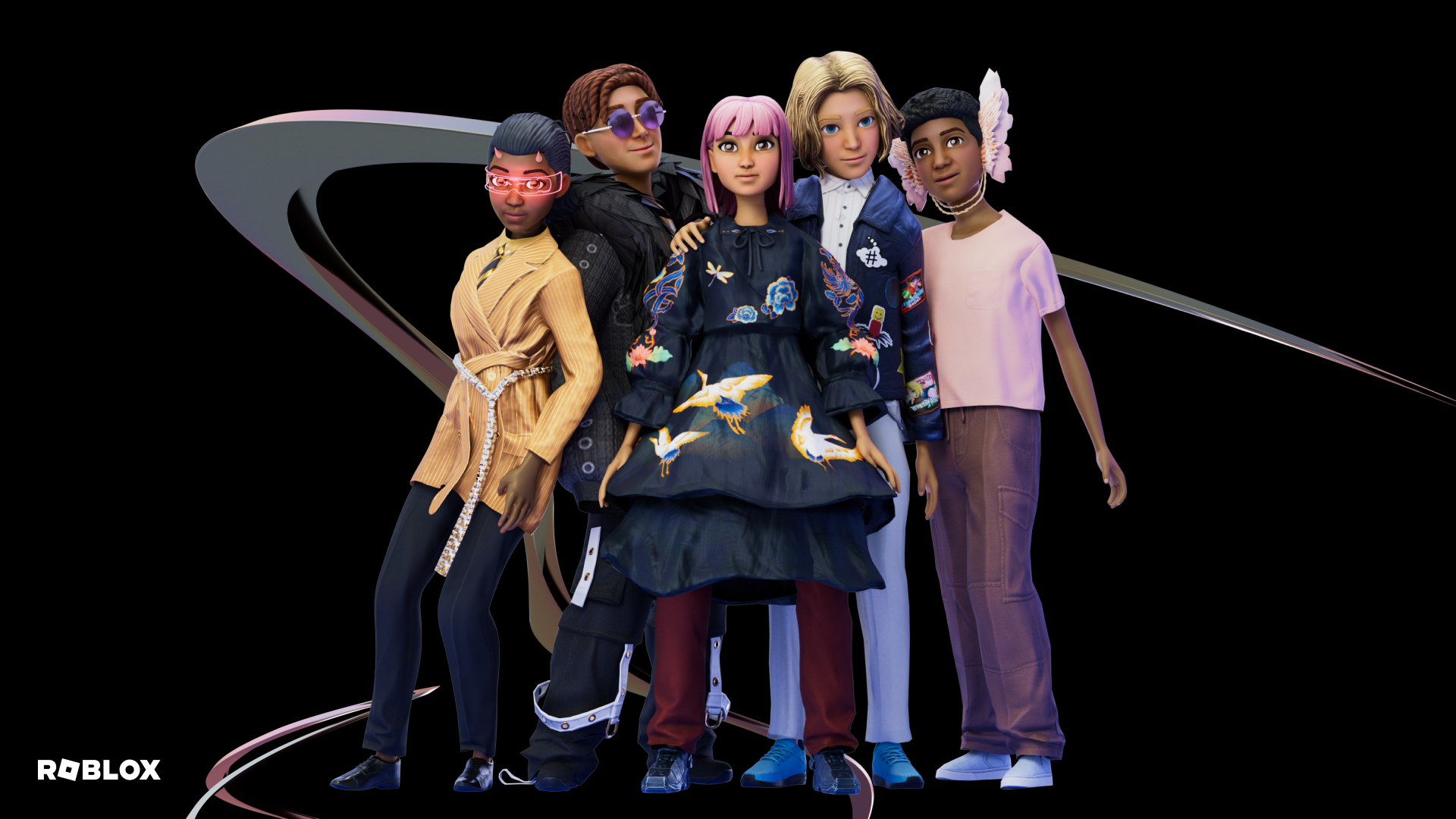 Roblox video game 4K Ultra HD PC desktop wallpaper: five stylized avatars in colorful outfits pose against a black background with swirling abstract ribbons.