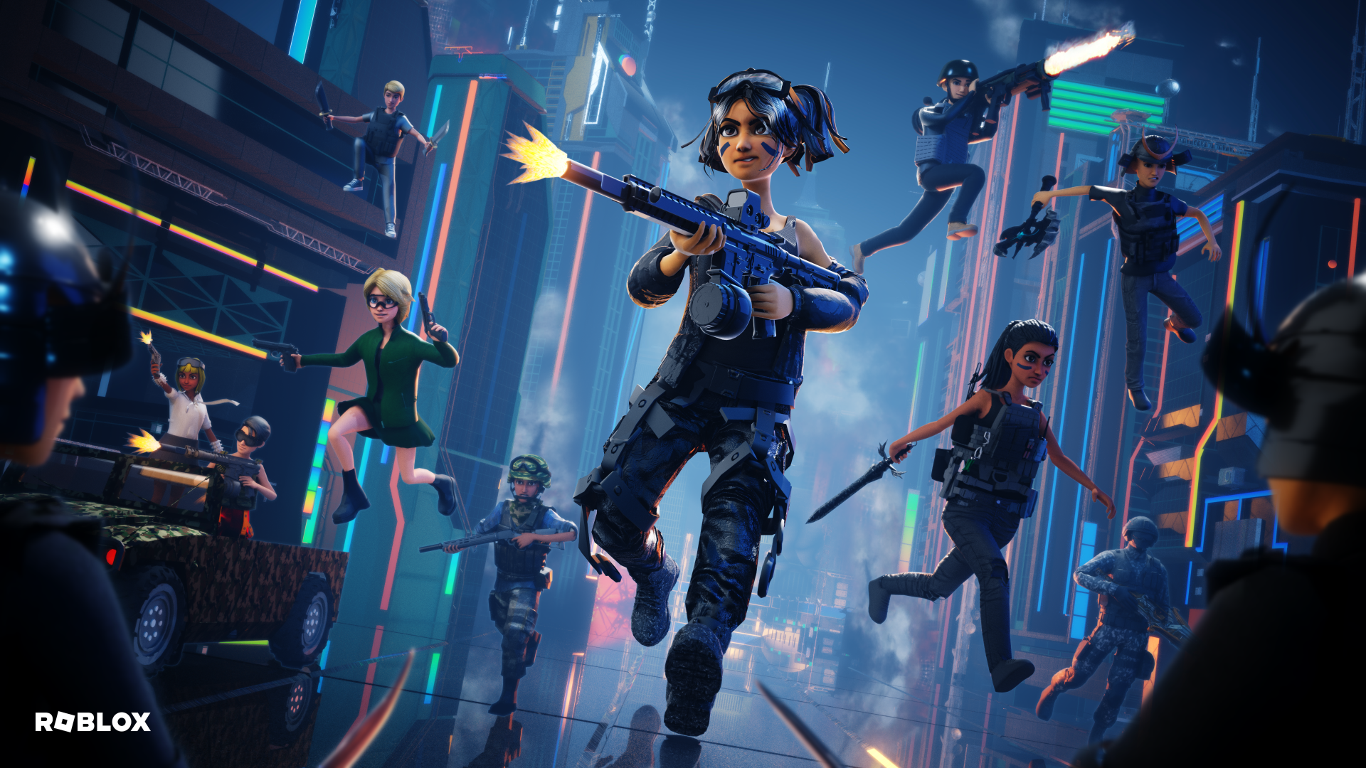 Dynamic 4K Ultra HD Roblox video game PC desktop wallpaper: armed avatar leader dashes forward through a neon-lit urban battleground as teammates and drones engage across towering platforms.
