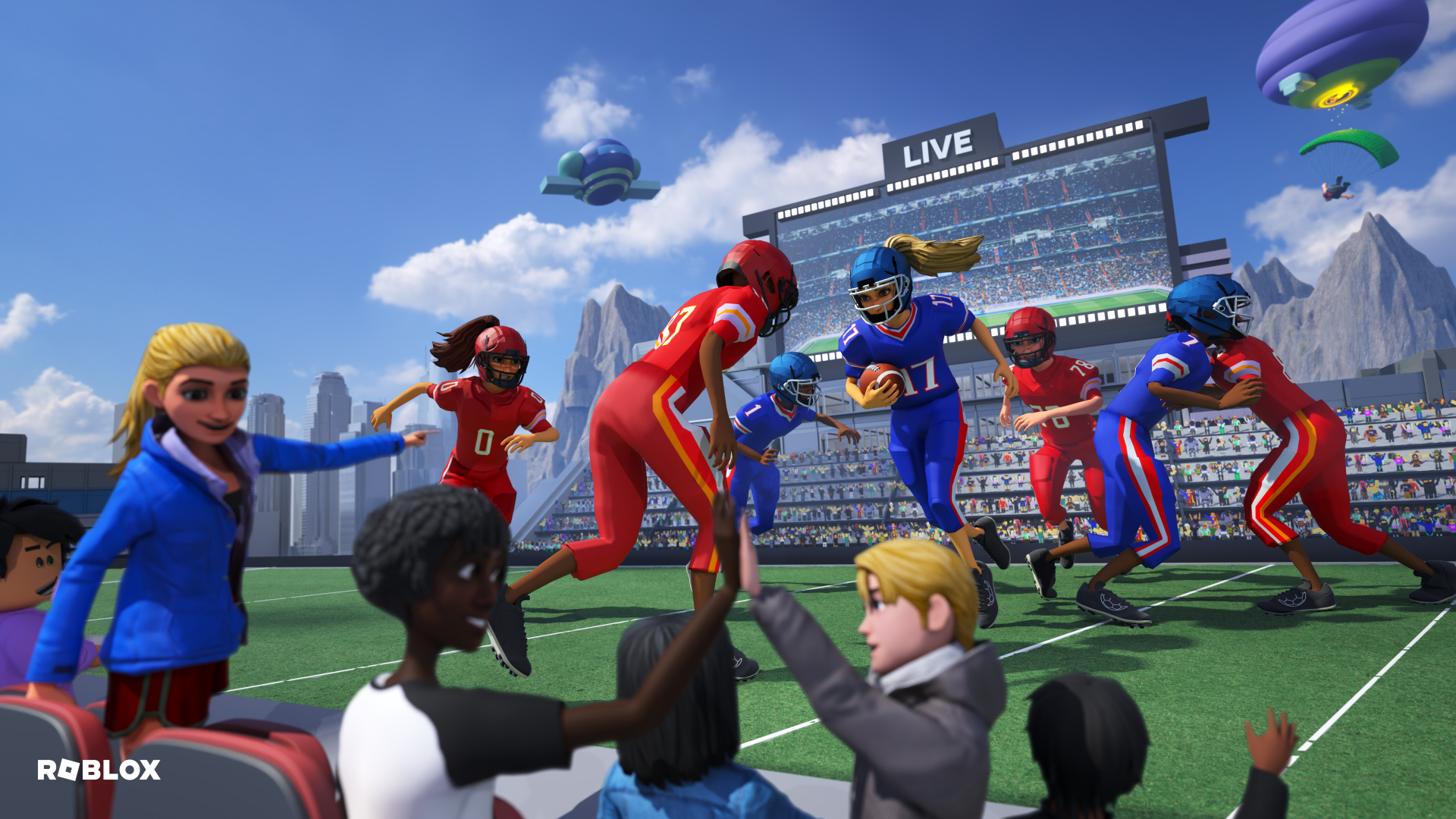 Roblox video game: vibrant football match in a packed stadium with cheering fans and floating drones — 4K Ultra HD PC Desktop Wallpaper and Background.