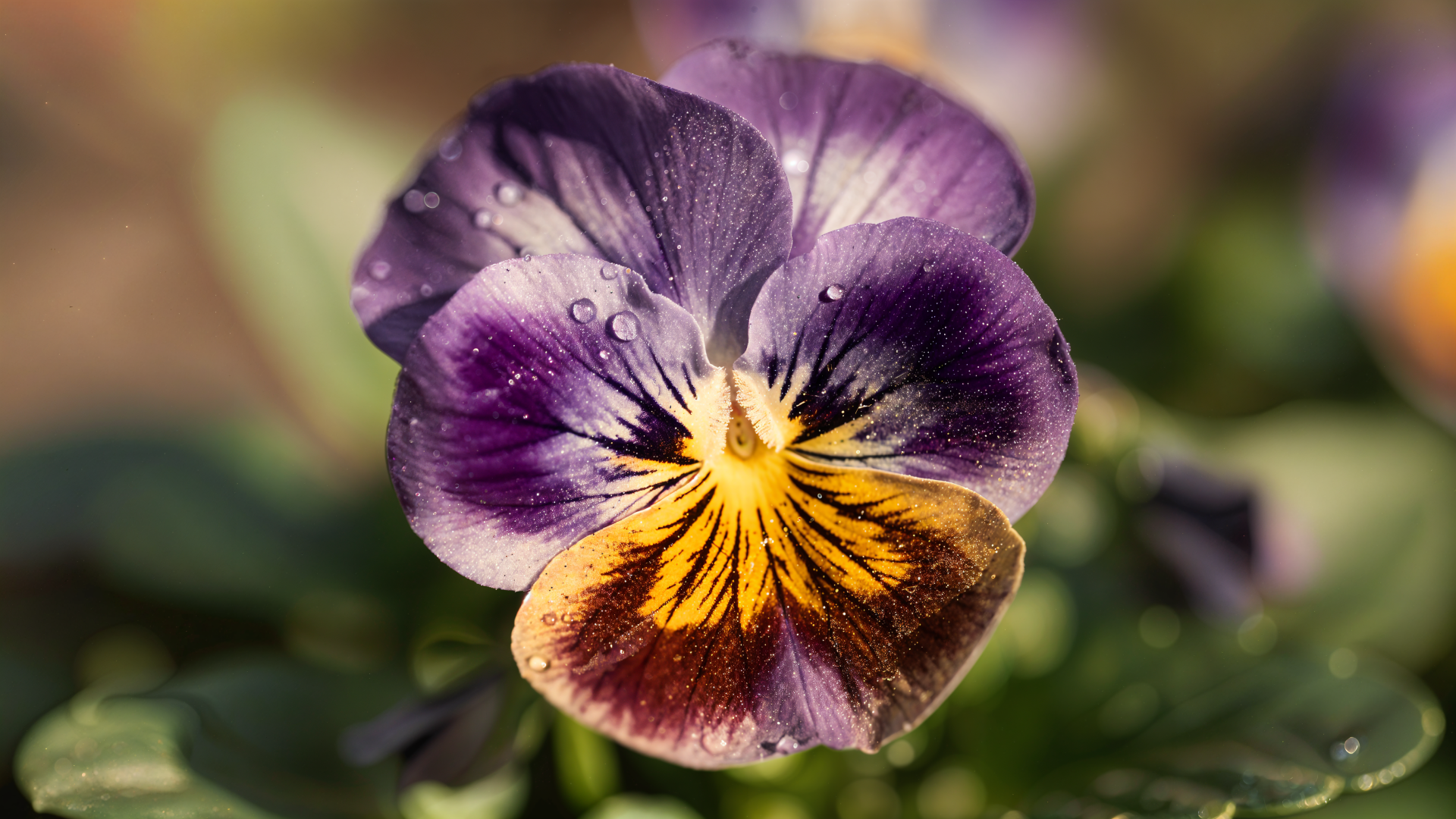 Close-up pansy with purple, yellow and rust tones and dew drops, vivid bokeh background — 4K Ultra HD PC desktop wallpaper/background.