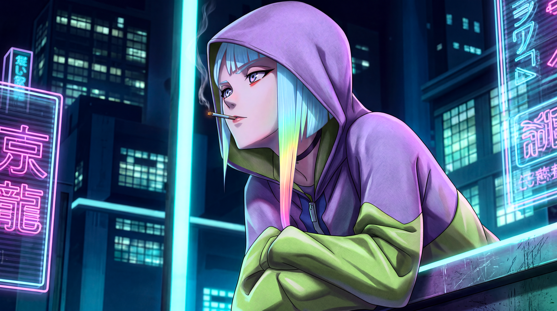 Lucy (Cyberpunk: Edgerunners) — neon-haired anime waifu in a purple hoodie, smoking while leaning on a rooftop railing amid neon Night City lights; 5K Ultra HD desktop wallpaper.