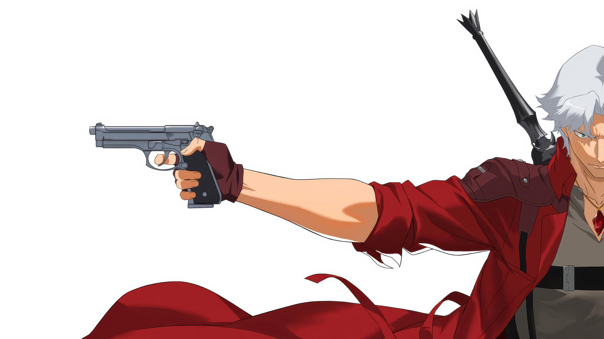 Dante (Devil May Cry 2025) in a flowing red coat with white hair, arm extended firing a handgun — 4K Ultra HD PC desktop wallpaper.