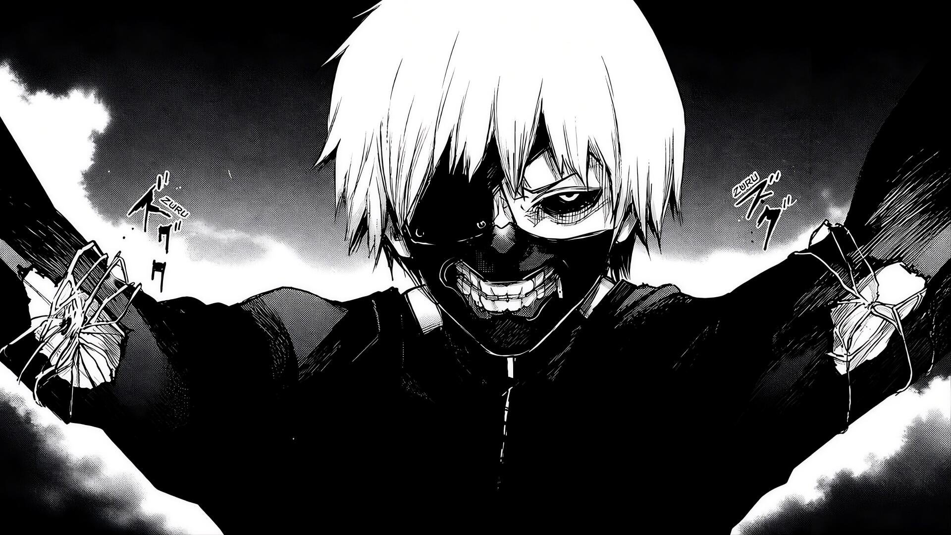 Tokyo Ghoul 4K Ultra HD PC wallpaper: Kaneki in his mask, white hair, one blackened eye, menacing grin, kagune spreading, high-contrast monochrome background.