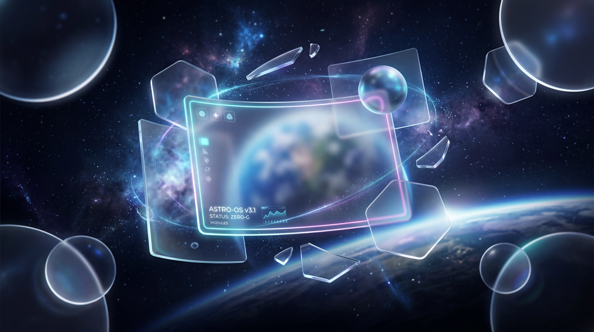 Glass morphism 5K Ultra HD PC desktop wallpaper and background: translucent shattered glass panels framing a glowing planet in a neon-edged starfield, with floating iridescent bubbles.