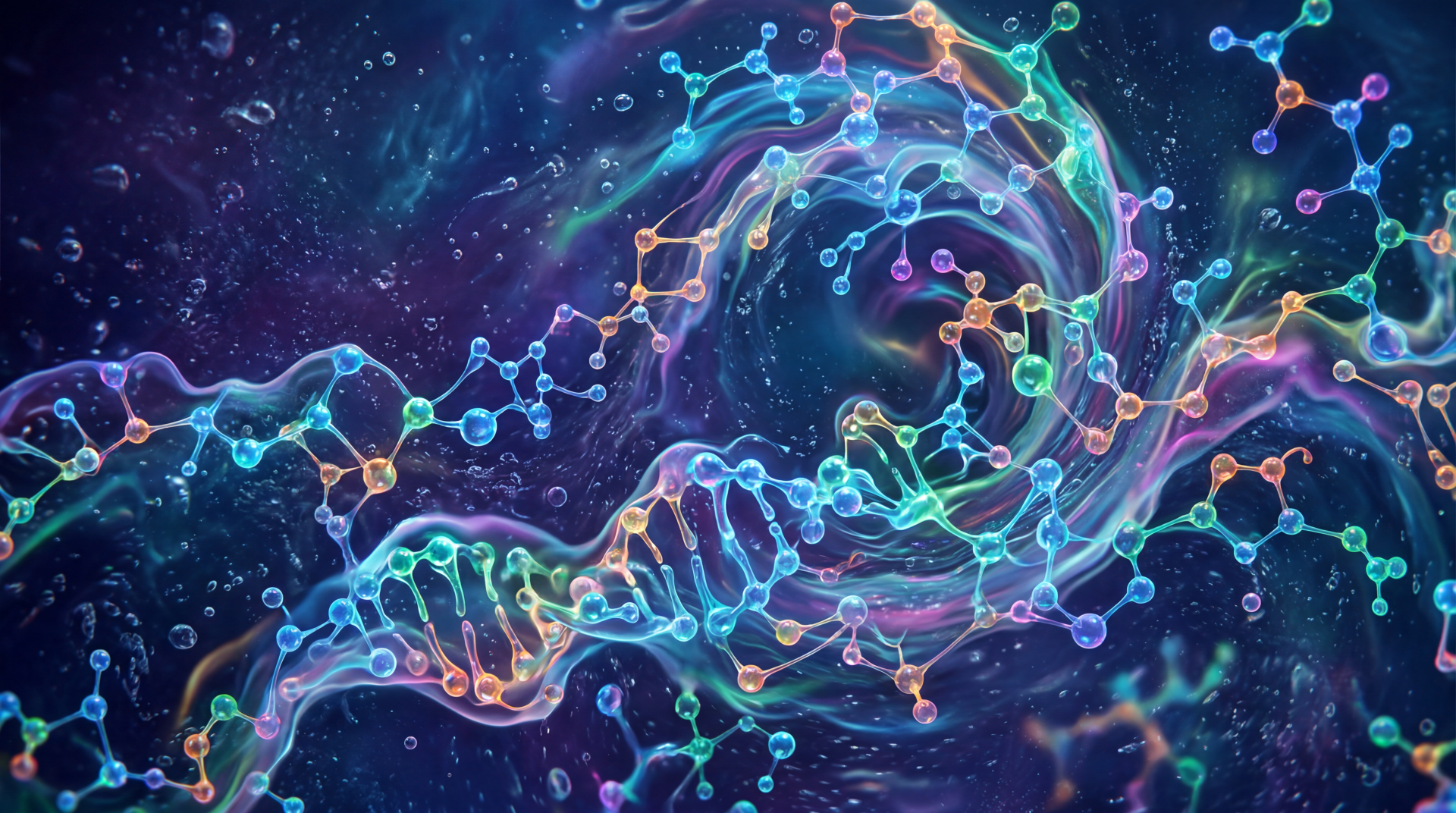 Vibrant molecular pattern: glowing intertwined DNA helixes and colorful molecules swirling in a cosmic field — 5K Ultra HD PC desktop wallpaper and background.