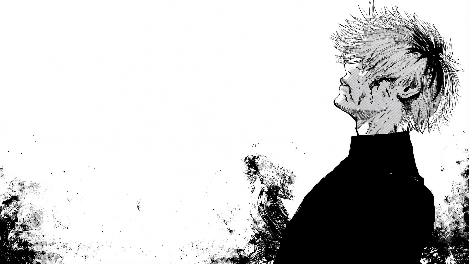Black-and-white Tokyo Ghoul:re 5K Ultra HD PC desktop wallpaper: scarred, bloodied ghoul in profile, head tilted upward, high-contrast ink-splatter textures dissolving into white space.