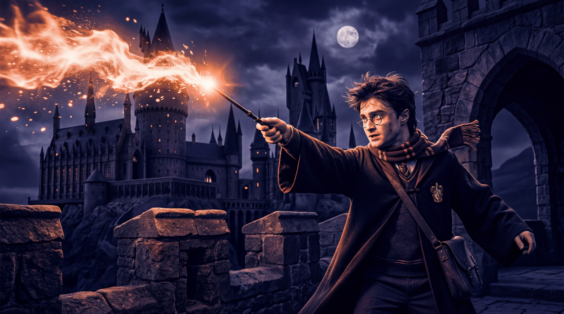 Harry Potter firing a spell across a moonlit Hogwarts skyline; 5K Ultra HD PC desktop wallpaper and background.