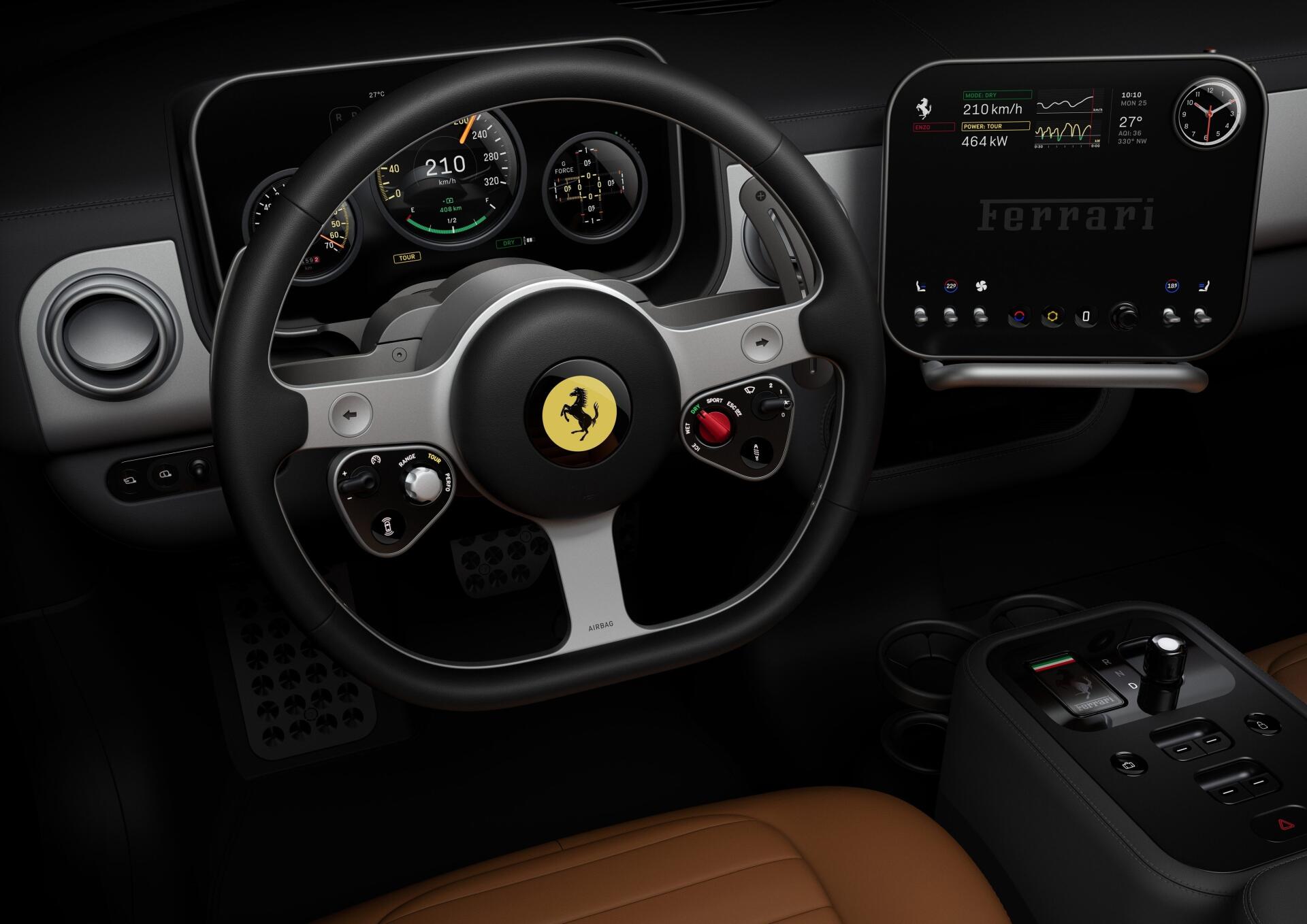 4K Ultra HD PC desktop wallpaper: vehicle interior of a Ferrari Luce cockpit, steering wheel with prancing horse emblem, sport gauges and a digital center display.