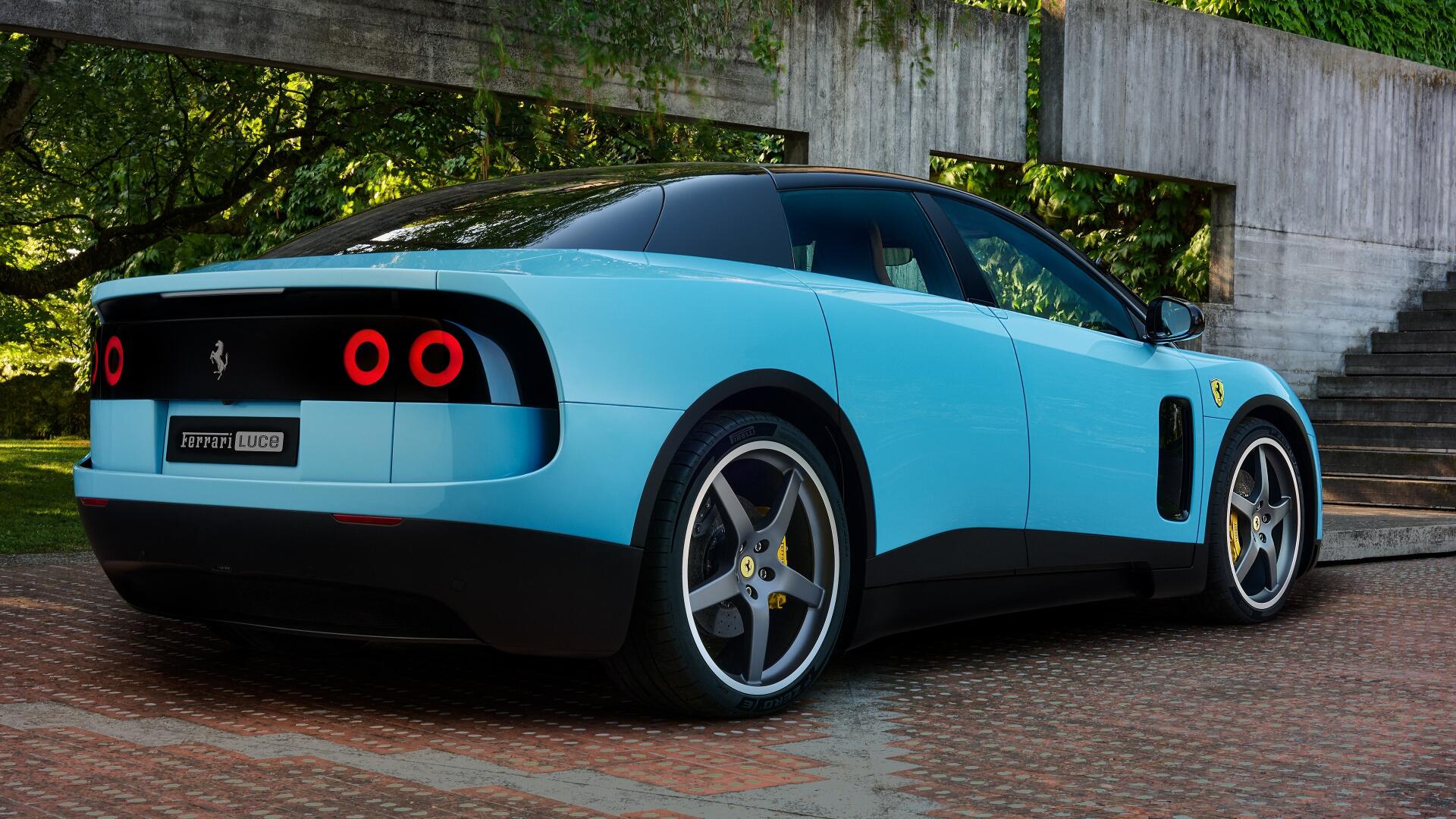 Light blue Ferrari Luce sports vehicle parked on wet brick, rear three-quarter view — 4K Ultra HD PC desktop wallpaper and background.