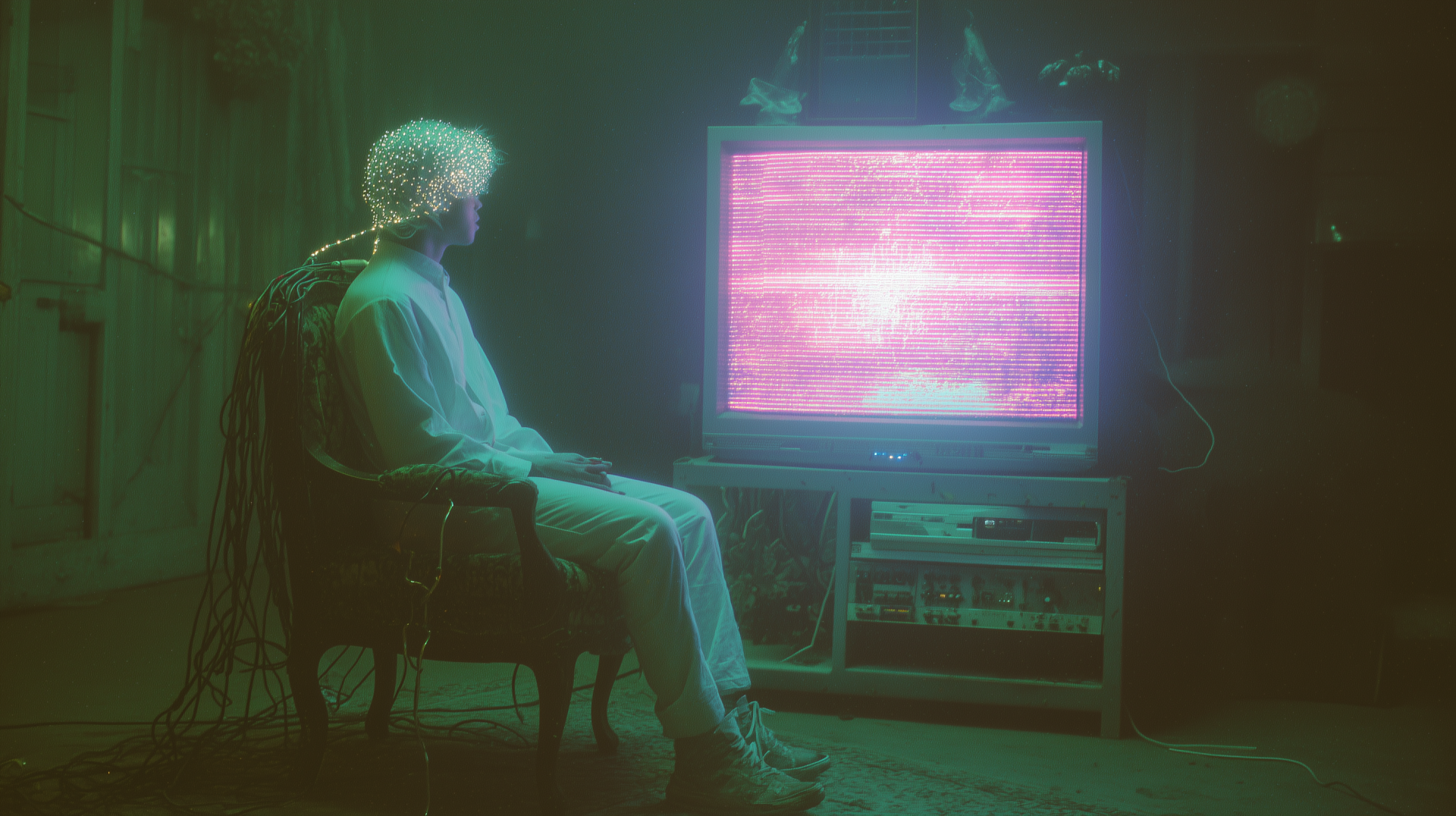 Sci-fi nostalgia: lone person watches a glitching pink CRT in a dim green room with stacked retro electronics - 2K Quad HD PC desktop wallpaper and background.