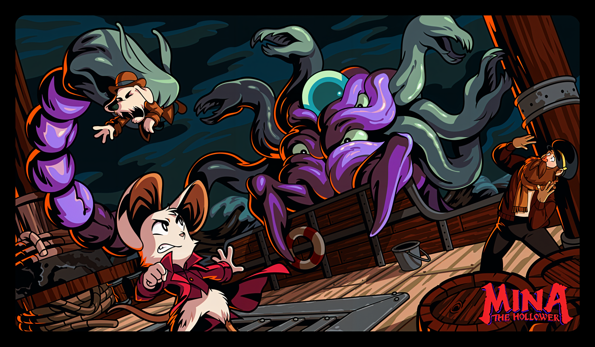 4K Ultra HD PC desktop wallpaper and background from the video game Minna The Hollower: heroine fights a multi-headed sea monster aboard a wooden ship, vivid cartoon style.