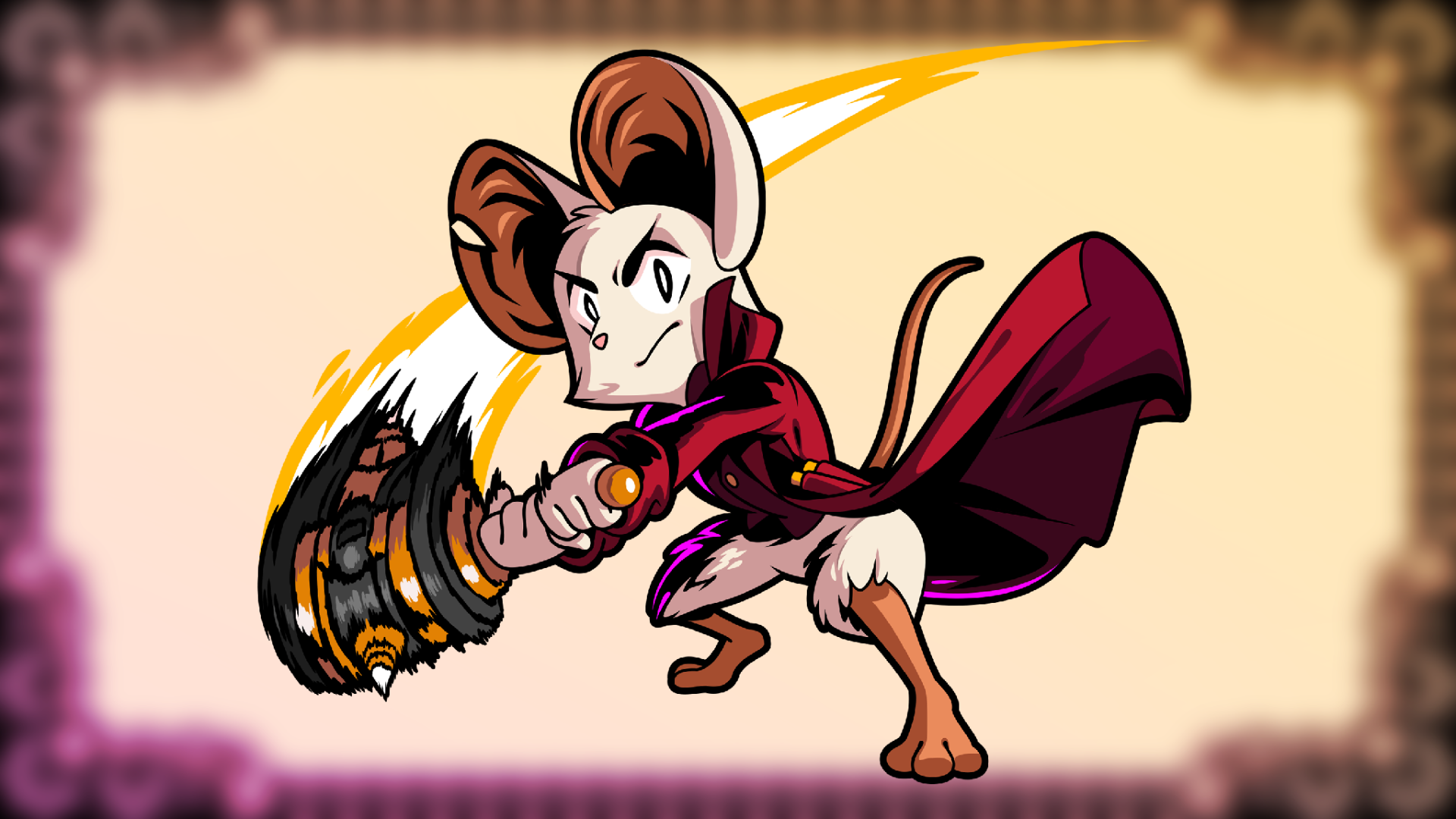 HD PC wallpaper for the video game Minna the Hollower: a cloaked anthropomorphic mouse swings a massive hammer in mid-attack against a pale, blurred backdrop.