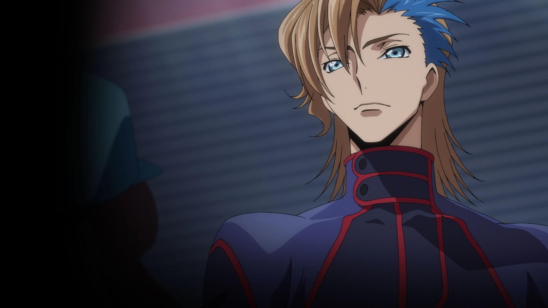 4K Ultra HD anime desktop wallpaper from Code Geass: Rozé Of The Recapture — blue-streaked, long-haired character in a dark red-trim uniform, looking stoic.