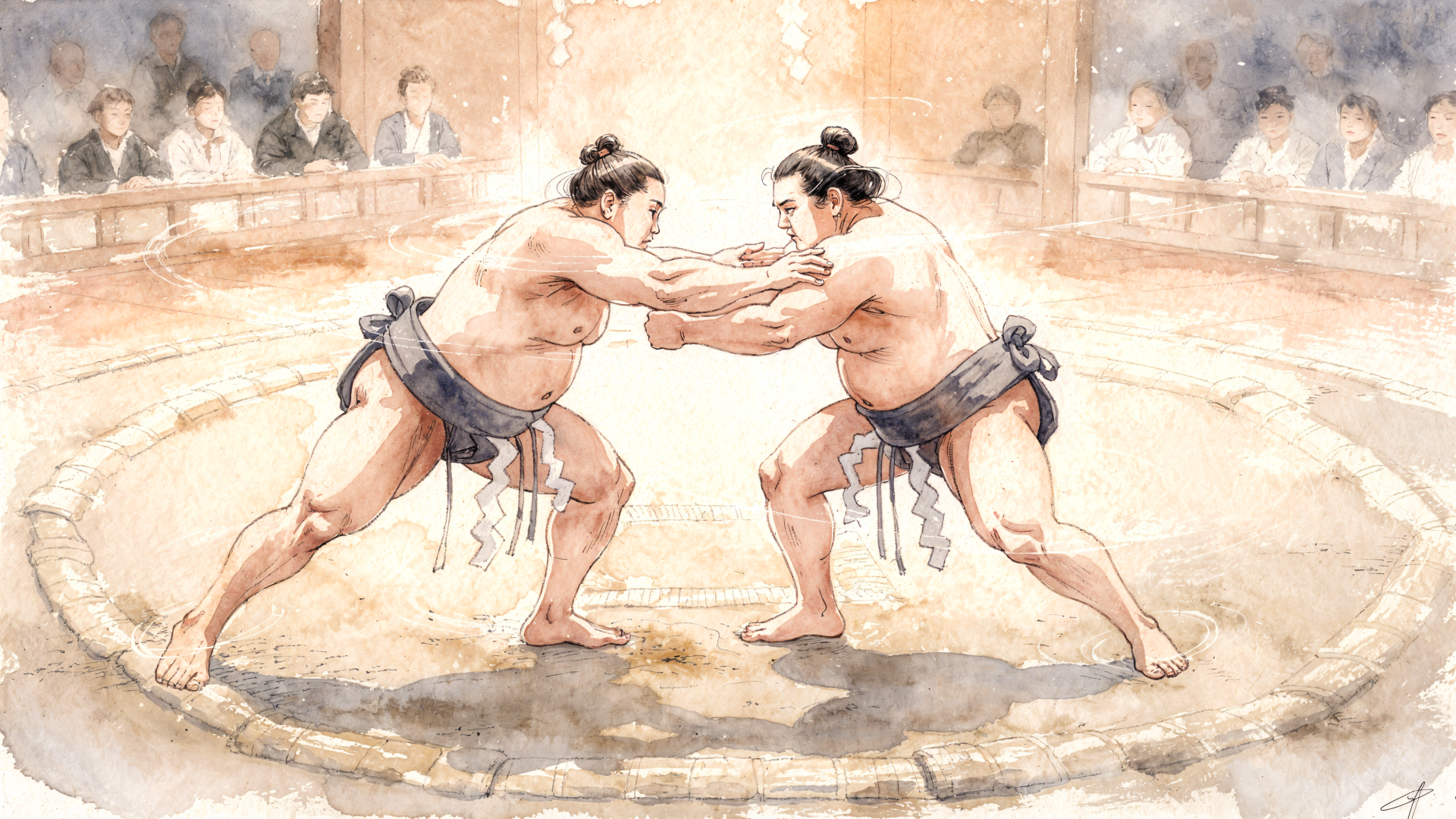 4K Ultra HD PC desktop wallpaper: watercolor-style scene of two sumo wrestlers locked in a bout on a circular dohyo, spectators blurred around the arena.