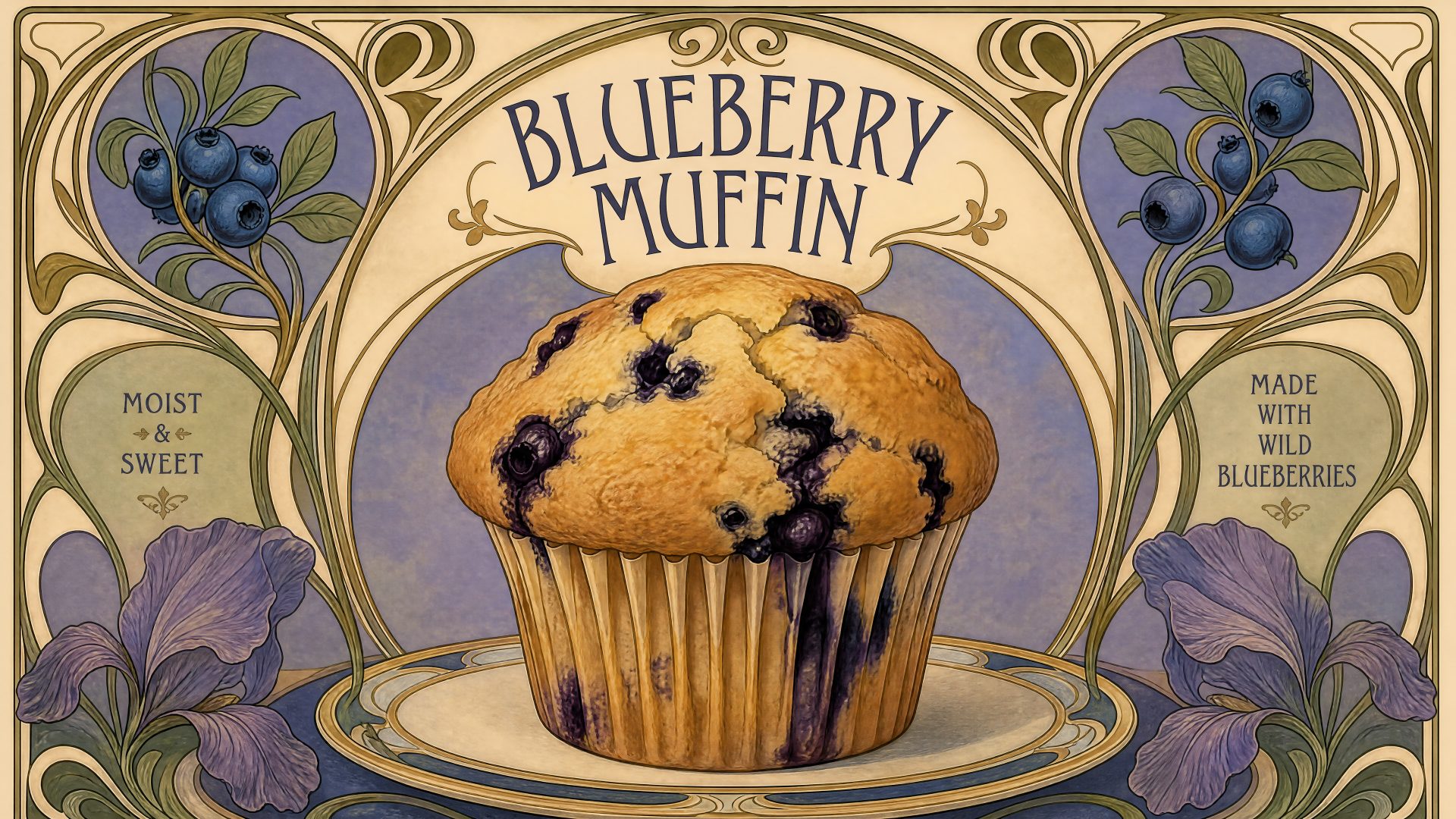 4K Ultra HD PC desktop wallpaper: vintage-style illustration of a blueberry muffin with floral accents and a Blueberry Muffin label.