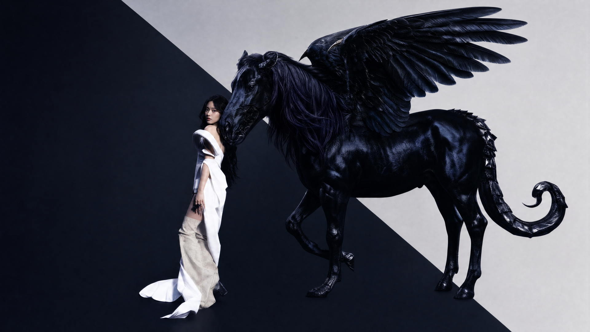 Aespa-inspired 4K Ultra HD PC desktop wallpaper: a woman in a white gown beside a glossy black winged horse against a stark diagonal black-and-white backdrop.