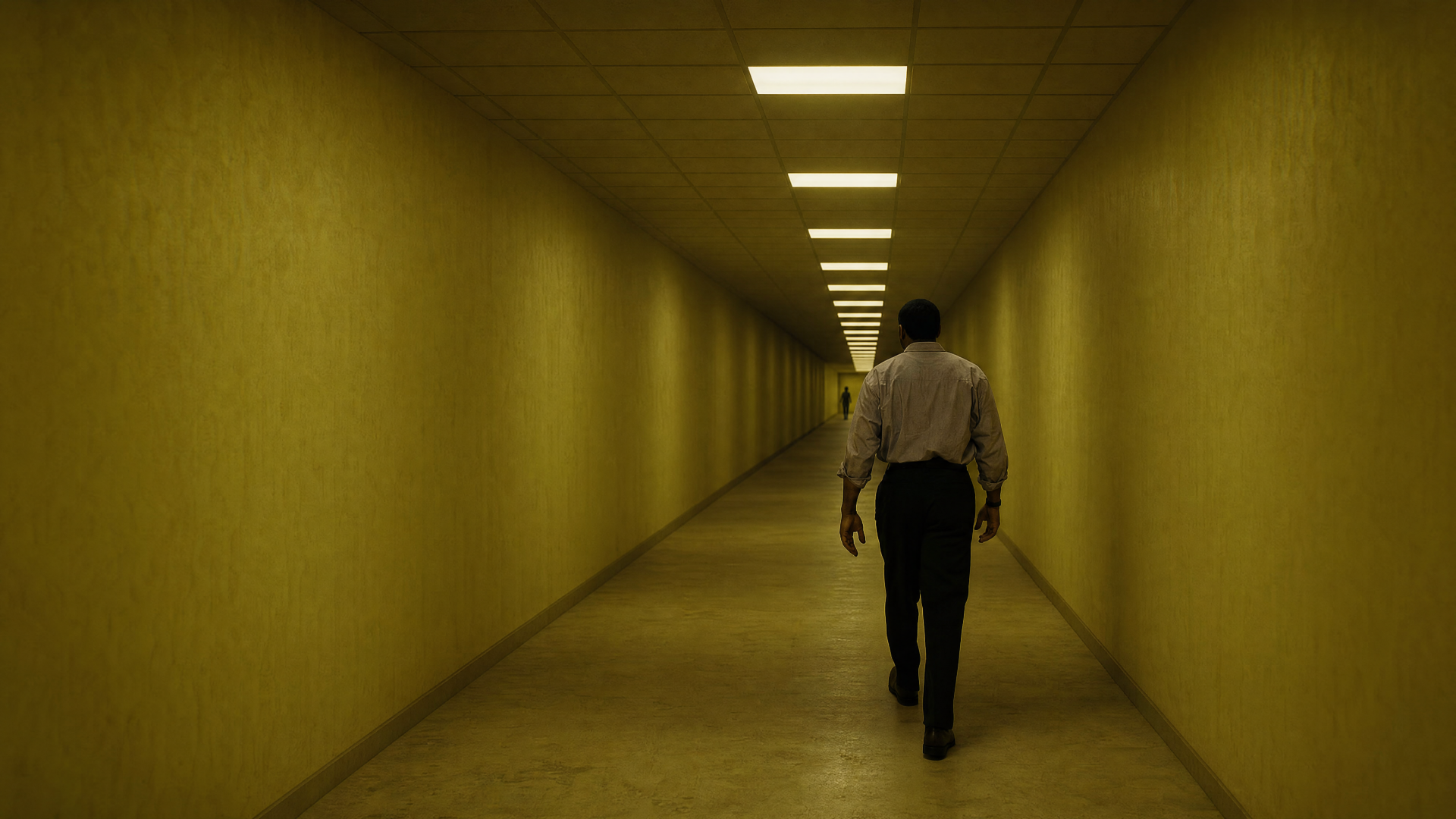 Backrooms corridor in sickly yellow light, lone figure walking away down an endless tiled passage — 4K Ultra HD PC desktop wallpaper/background.