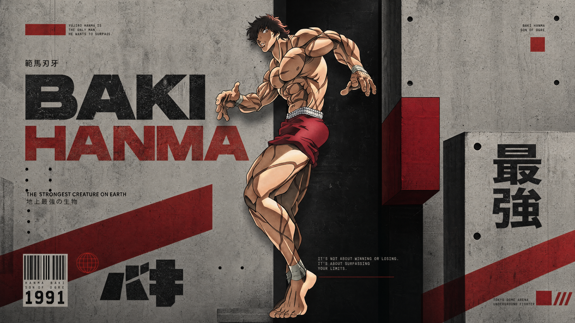 4K Ultra HD PC desktop wallpaper of anime fighter Baki Hanma, muscular and poised against an industrial concrete backdrop with bold red-black graphics and Japanese kanji.