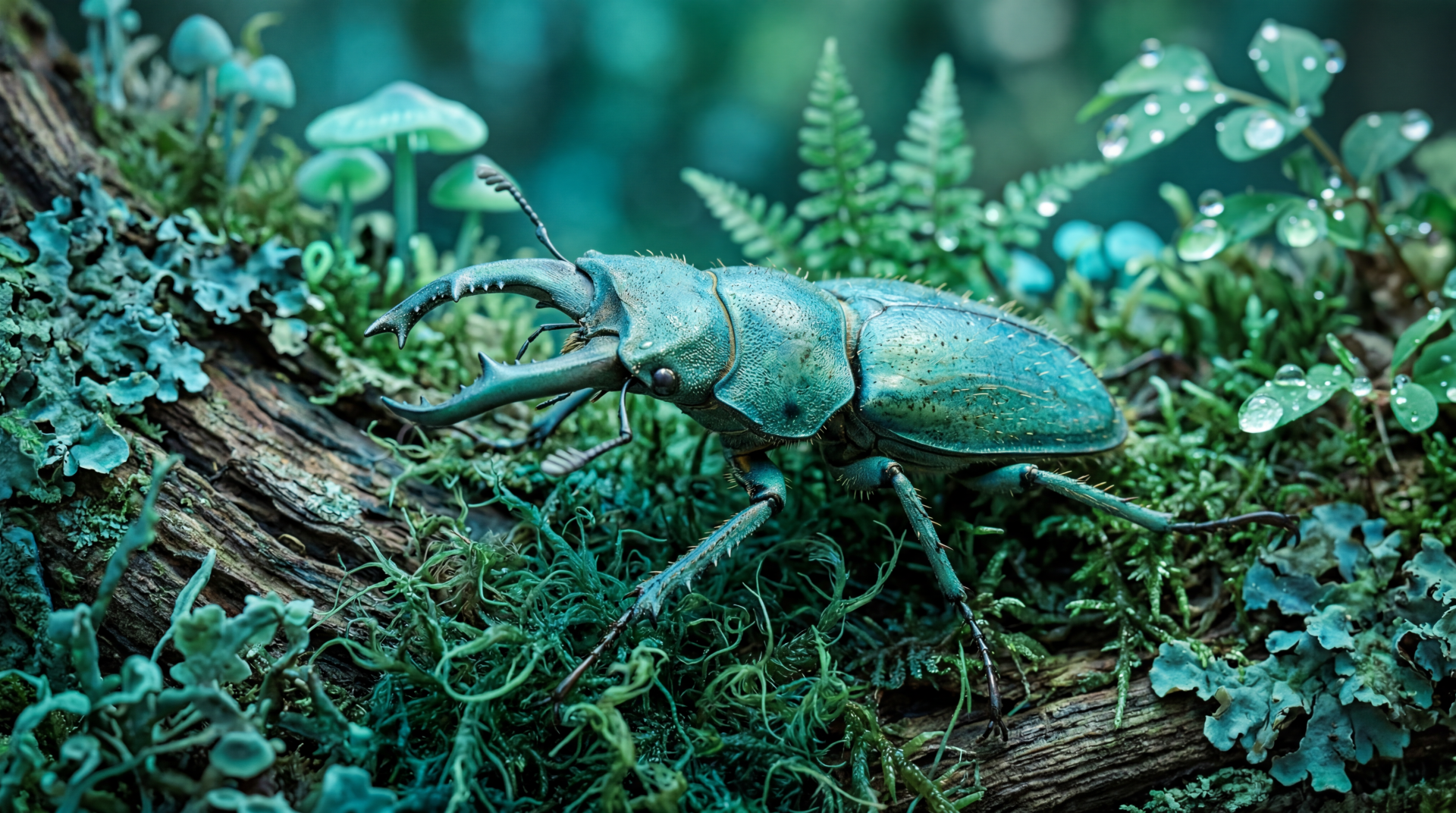 Turquoise stag beetle on a mossy log with ferns and lichens — vivid 5K Ultra HD PC desktop wallpaper and background.