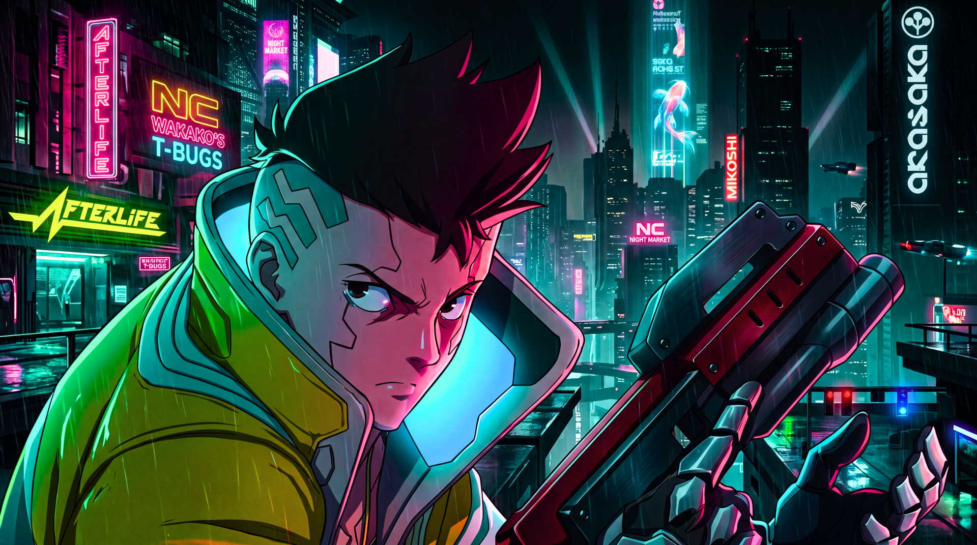 David (Cyberpunk: Edgerunners) in a neon-drenched Cyberpunk 2077 cityscape — anime-style 5K Ultra HD PC desktop wallpaper background, gripping a gun amid towering holographic signs.