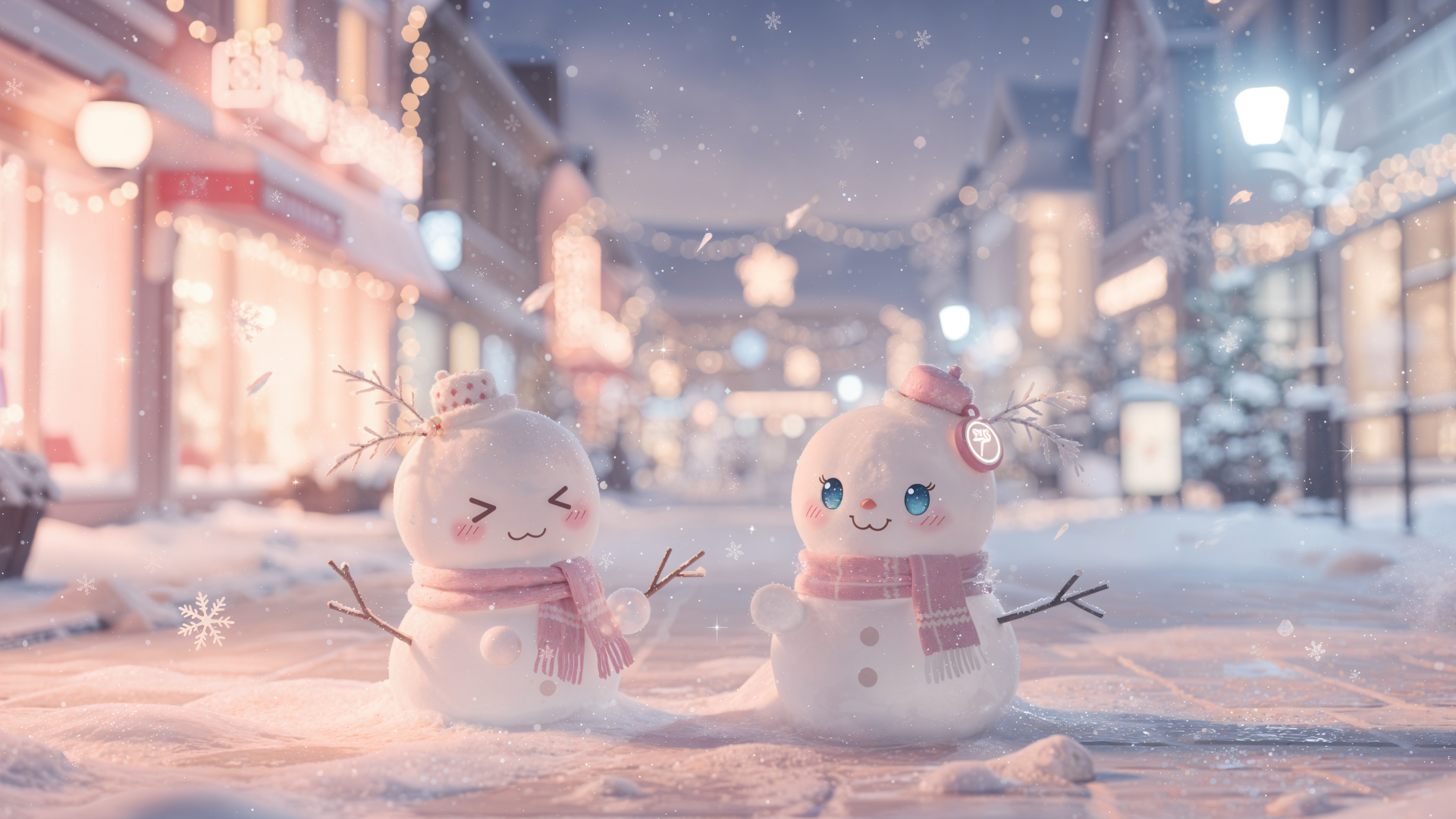 Kawaii winter scene: two smiling snowmen with scarves and a hairpin on a snowy street at dusk, soft lights and falling snow — 4K Ultra HD PC desktop wallpaper and background.