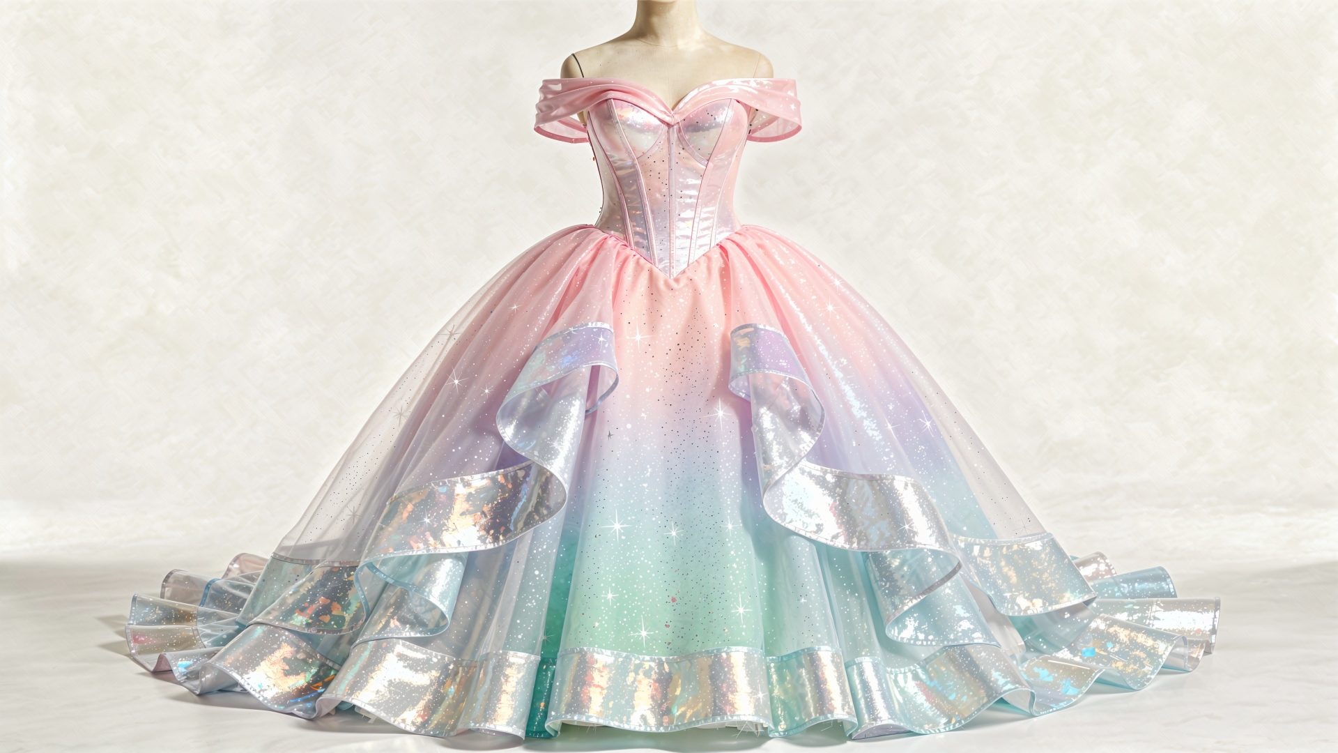 4K Ultra HD PC desktop wallpaper: pastel mermaid princess dress on a mannequin — iridescent pink-to-mint ball gown with layered metallic ruffles and off-shoulder bodice.