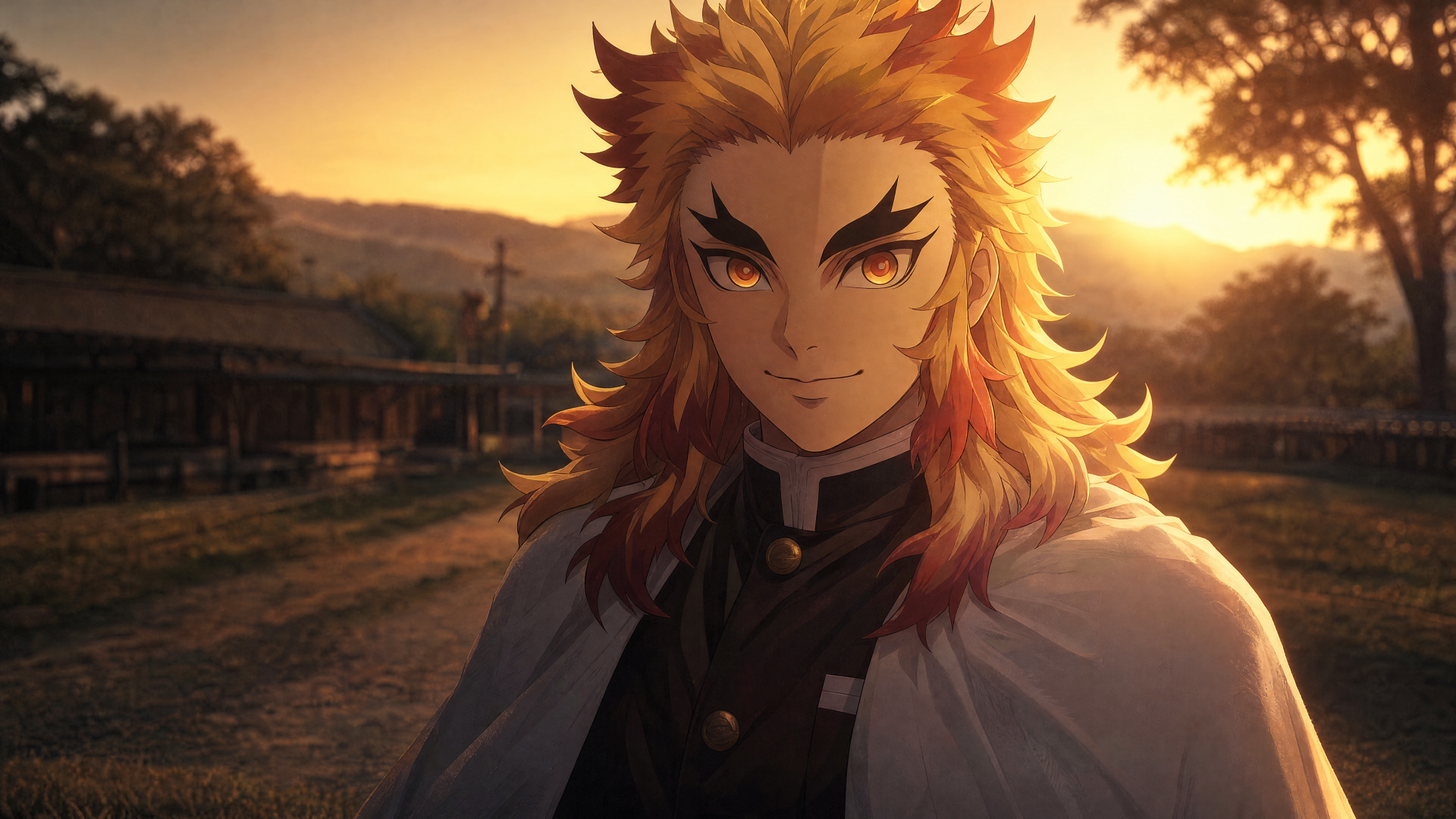 Kyojuro Rengoku at sunset, rendered as a vivid 4K Ultra HD PC desktop wallpaper and background — fiery hair, warm glow and confident smile over a quiet village.