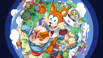 HD PC desktop wallpaper showing cartoon Bubsy from the video game Bubsy in: The Purrfect Collection leaping over a colorful mini-planet with a pig sidekick, UFO, roller coaster and yarn balls.