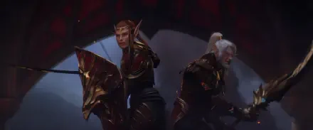 HD PC desktop wallpaper and background from the video game World of Warcraft: Midnight — RPG scene of two armored warriors back-to-back in a dark crimson hall.