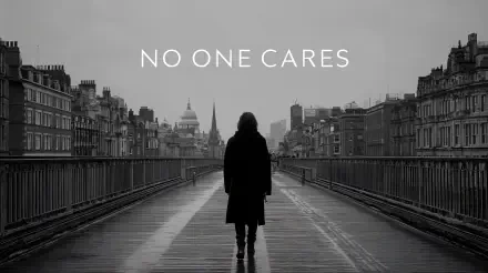 Monochrome 4K Ultra HD PC desktop wallpaper/background showing a lone figure walking away on a city bridge beneath bold NO ONE CARES text.