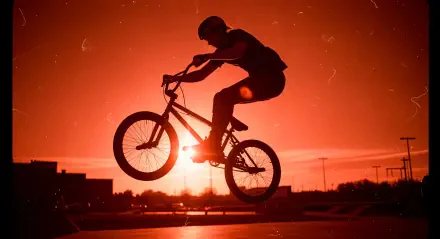 Silhouette of a BMX rider mid-air against a fiery sunset, 4K Ultra HD PC desktop wallpaper and background with dramatic orange sky.