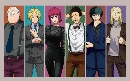HD PC desktop wallpaper — anime group portrait from Sakamoto Days: six characters in colored vertical panels, dressed in suits and casual wear, posing with varied expressions.