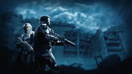 Video game Halo 3: ODST 4K Ultra HD PC wallpaper showing two ODST troopers armed in a stormy, ruined city under brooding clouds.