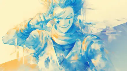 HD desktop wallpaper of Hisoka (Hunter × Hunter) in a white anime palette, grinning and flashing a peace sign amid soft blue and yellow watercolor strokes.